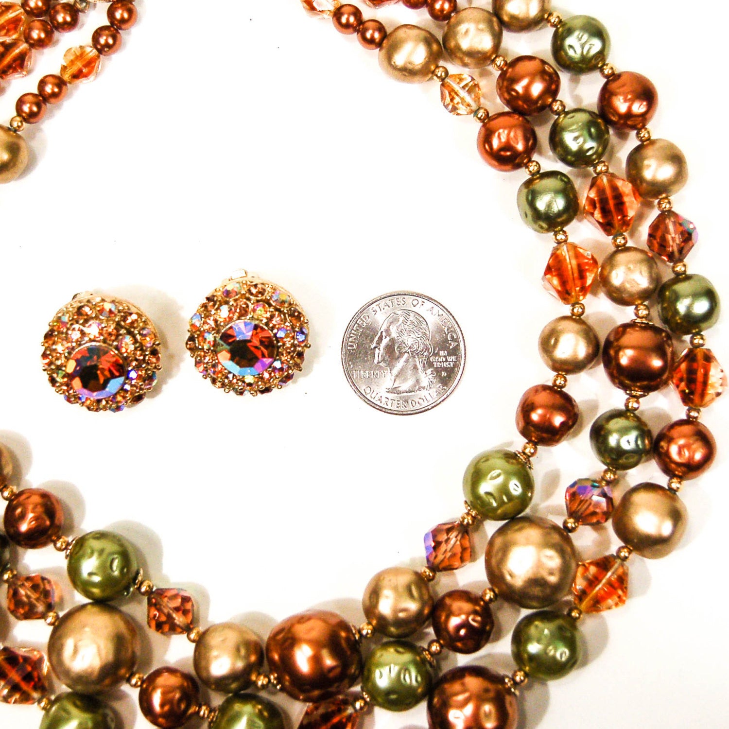 Triple Strand Green, Gold, and Bronze Necklace and Earring Set by 1950's - Vintage Meet Modern Vintage Jewelry - Chicago, Illinois - #oldhollywoodglamour #vintagemeetmodern #designervintage #jewelrybox #antiquejewelry #vintagejewelry