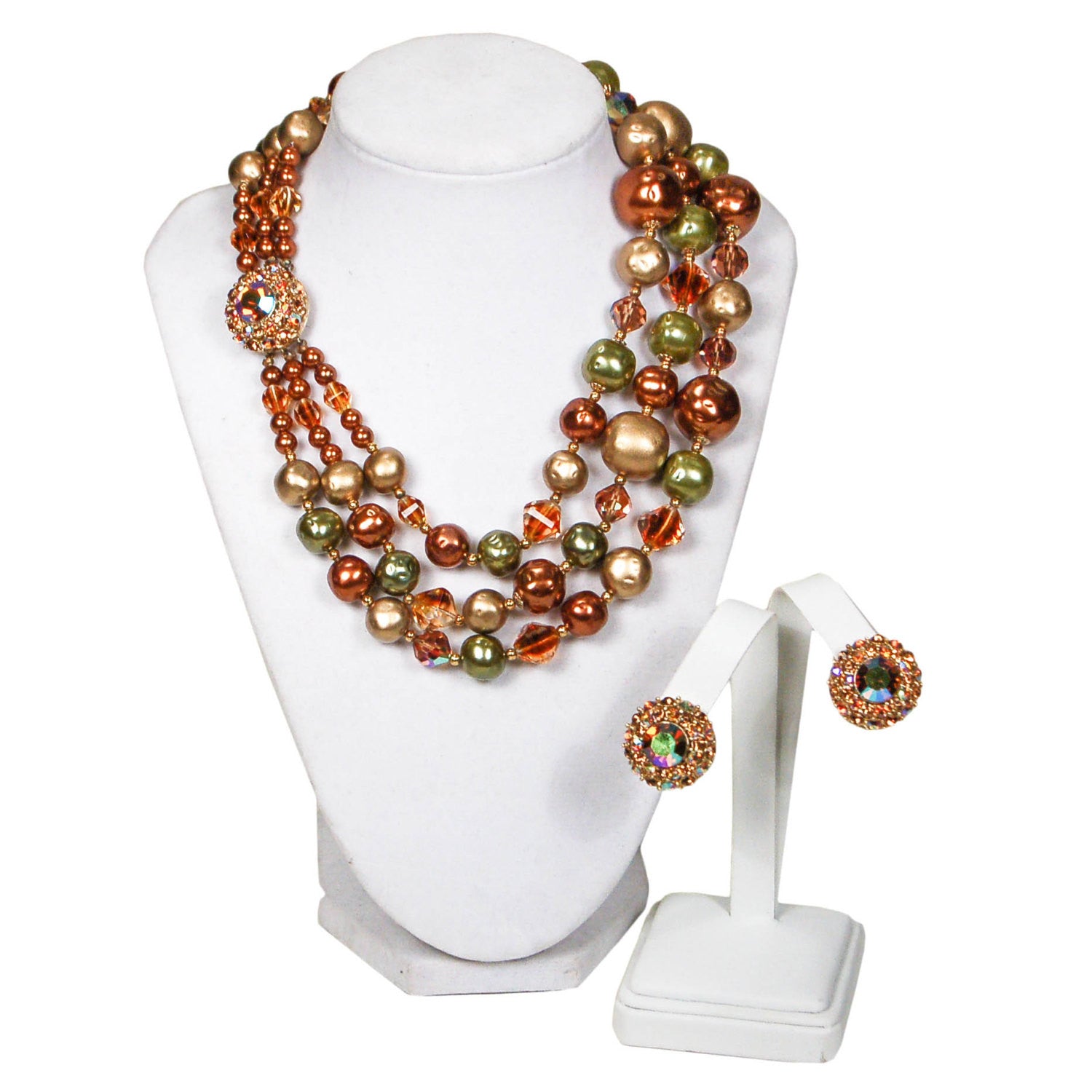 Triple Strand Green, Gold, and Bronze Necklace and Earring Set by 1950's - Vintage Meet Modern Vintage Jewelry - Chicago, Illinois - #oldhollywoodglamour #vintagemeetmodern #designervintage #jewelrybox #antiquejewelry #vintagejewelry