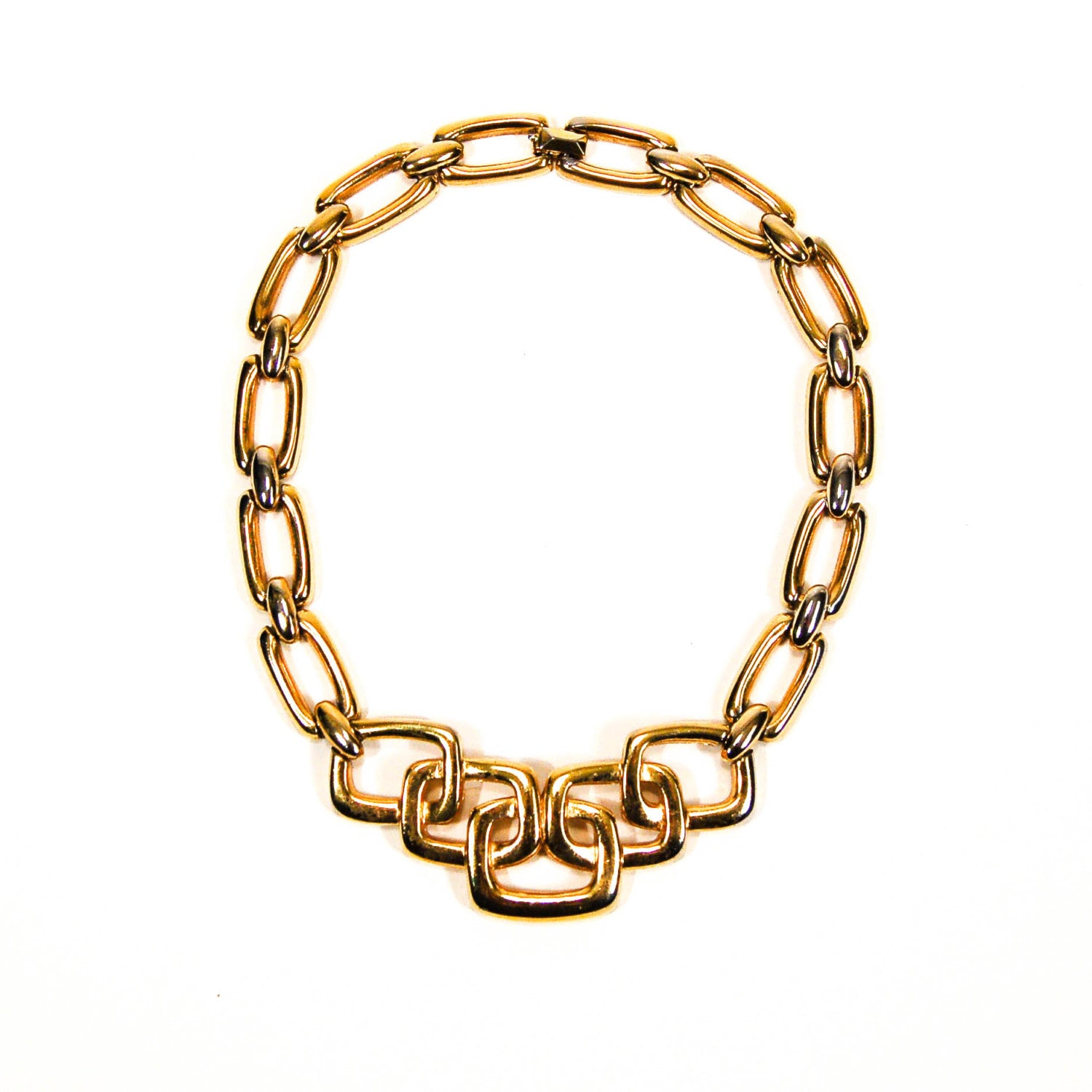 1960's Gold Necklace with Square Link Detail by Crown Trifari by Crown Trifari - Vintage Meet Modern Vintage Jewelry - Chicago, Illinois - #oldhollywoodglamour #vintagemeetmodern #designervintage #jewelrybox #antiquejewelry #vintagejewelry