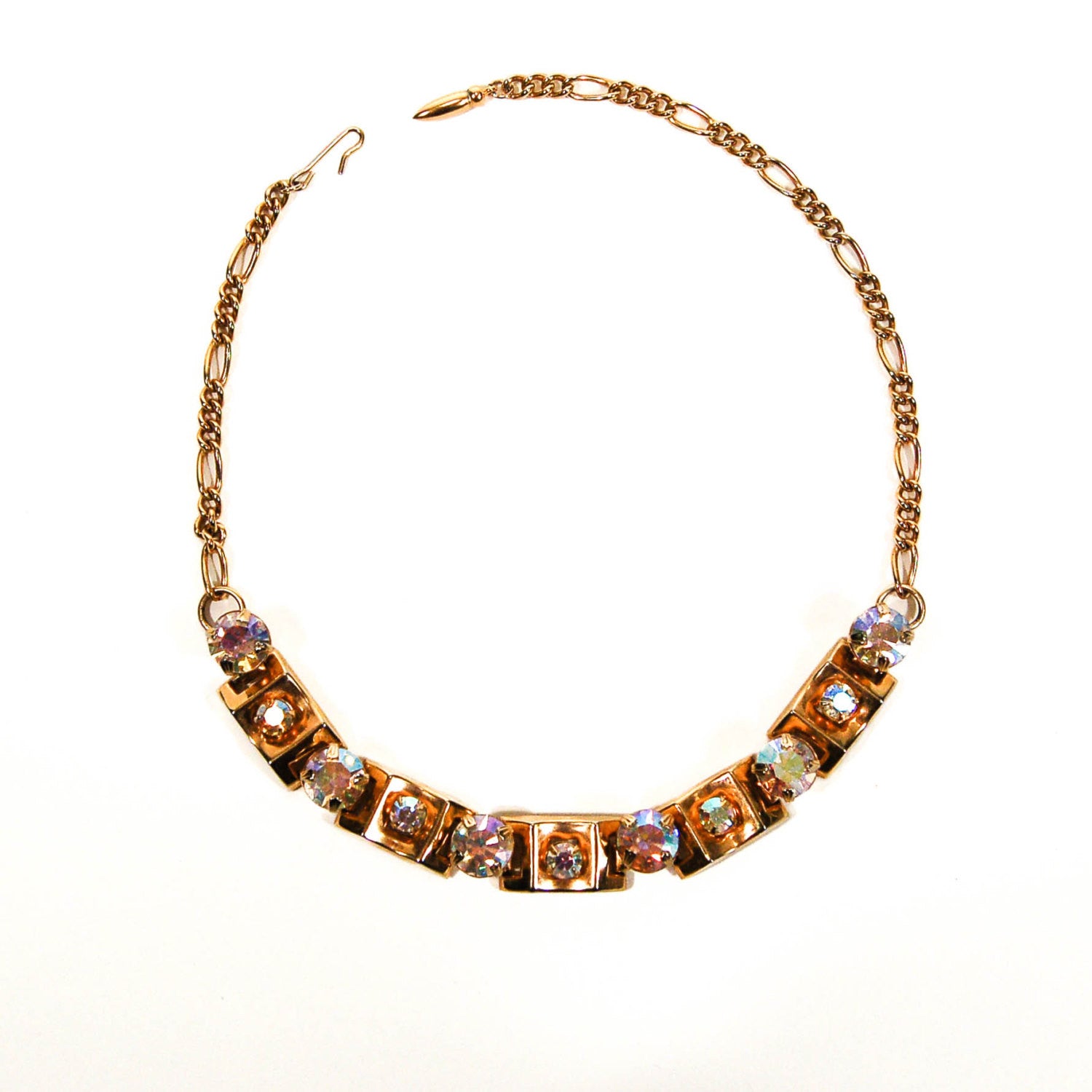 1960's Gold Choker Necklace with Aurora Borealis Rhinestones by 1960s Vintage - Vintage Meet Modern Vintage Jewelry - Chicago, Illinois - #oldhollywoodglamour #vintagemeetmodern #designervintage #jewelrybox #antiquejewelry #vintagejewelry