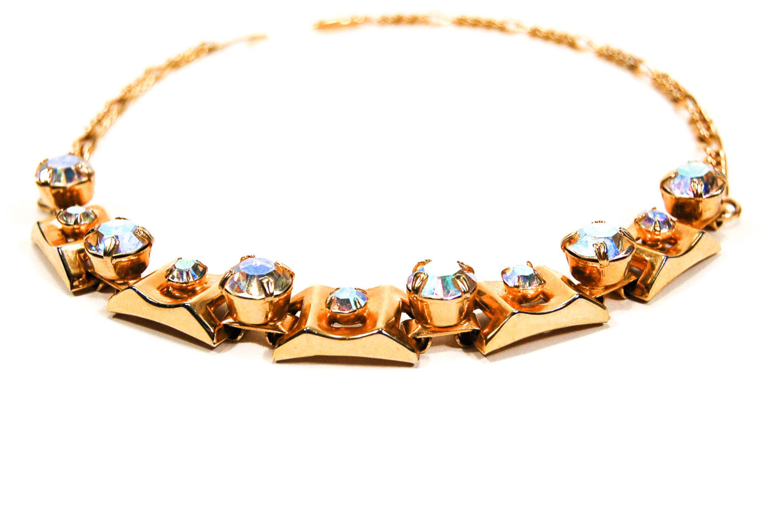 1960's Gold Choker Necklace with Aurora Borealis Rhinestones by 1960s Vintage - Vintage Meet Modern Vintage Jewelry - Chicago, Illinois - #oldhollywoodglamour #vintagemeetmodern #designervintage #jewelrybox #antiquejewelry #vintagejewelry