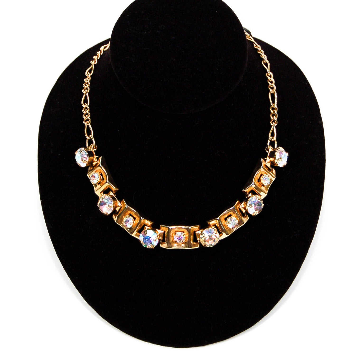 1960's Gold Choker Necklace with Aurora Borealis Rhinestones by 1960s Vintage - Vintage Meet Modern Vintage Jewelry - Chicago, Illinois - #oldhollywoodglamour #vintagemeetmodern #designervintage #jewelrybox #antiquejewelry #vintagejewelry