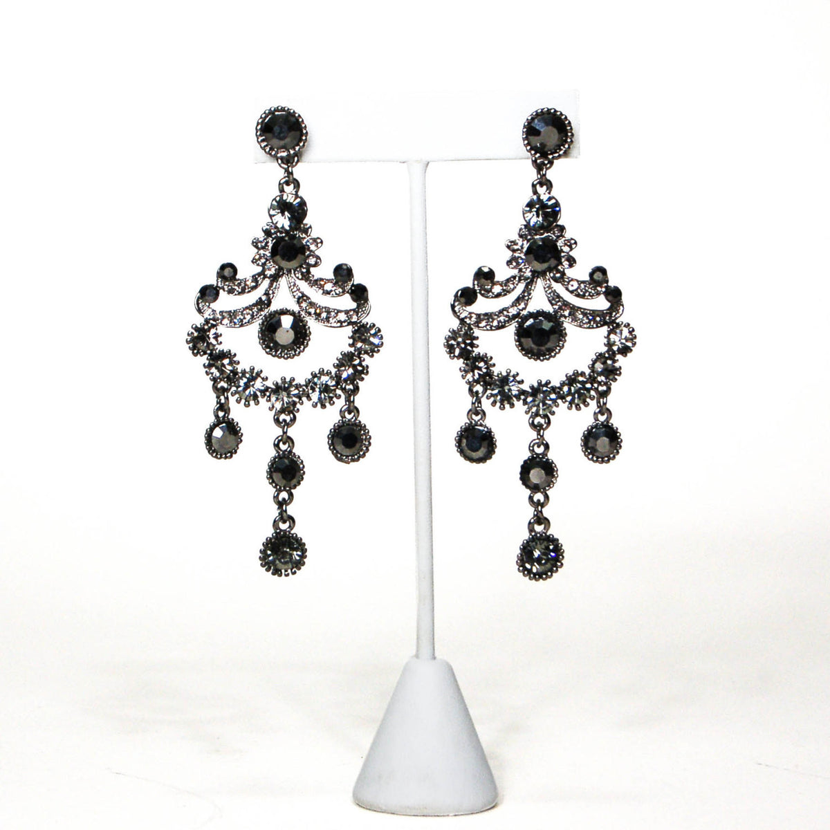 1980's Gunmetal Rhinestone Chandelier Earrings