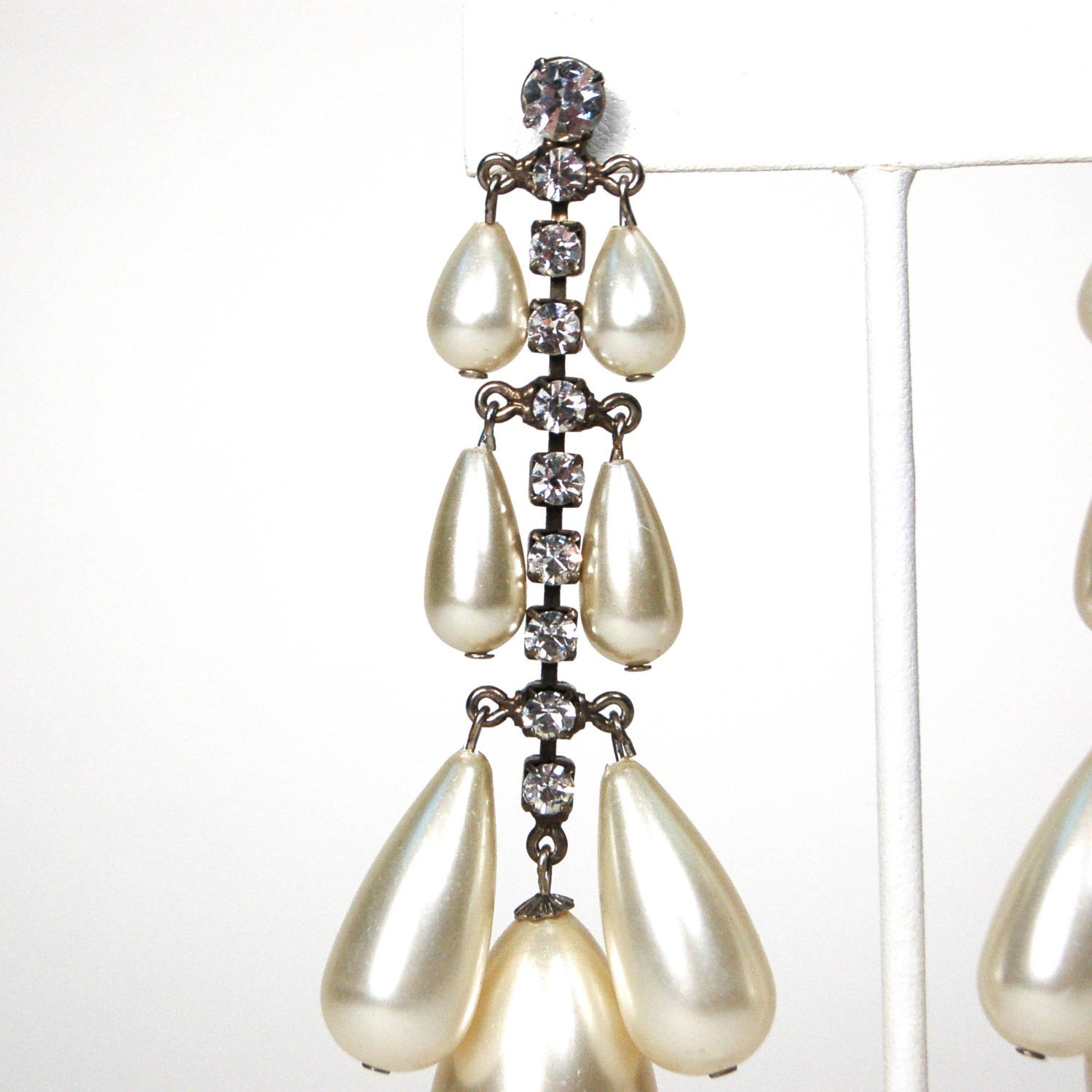 1980's Rhinestone and Pearl Drop Chandelier Earrings by 1980s - Vintage Meet Modern Vintage Jewelry - Chicago, Illinois - #oldhollywoodglamour #vintagemeetmodern #designervintage #jewelrybox #antiquejewelry #vintagejewelry