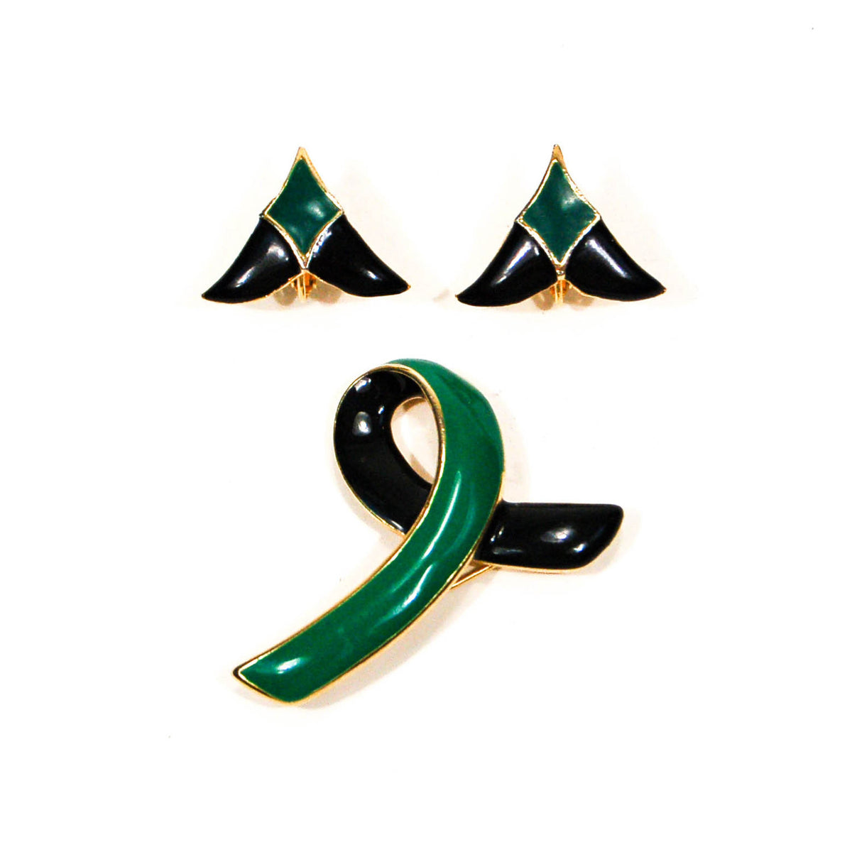 1950's Black and Green Brooch and Earrings Set