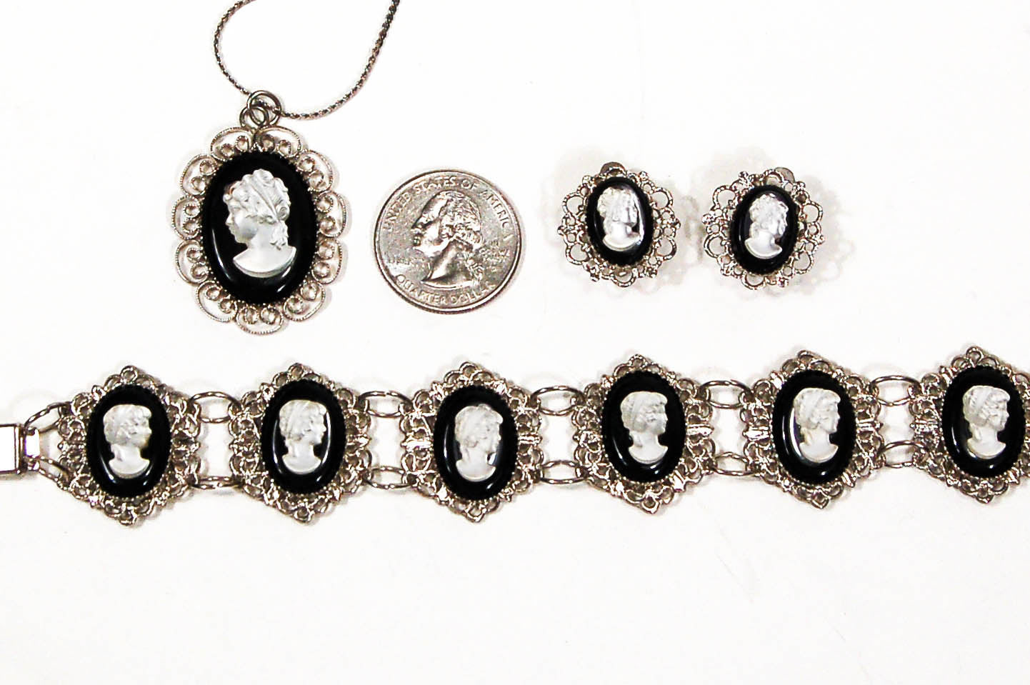1950's Silver Tone Cameo Necklace,Bracelet, and Earrings Set by 1950's - Vintage Meet Modern Vintage Jewelry - Chicago, Illinois - #oldhollywoodglamour #vintagemeetmodern #designervintage #jewelrybox #antiquejewelry #vintagejewelry