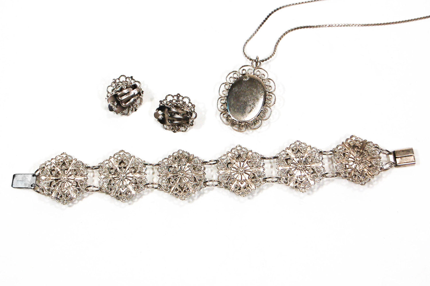 1950's Silver Tone Cameo Necklace,Bracelet, and Earrings Set by 1950's - Vintage Meet Modern Vintage Jewelry - Chicago, Illinois - #oldhollywoodglamour #vintagemeetmodern #designervintage #jewelrybox #antiquejewelry #vintagejewelry