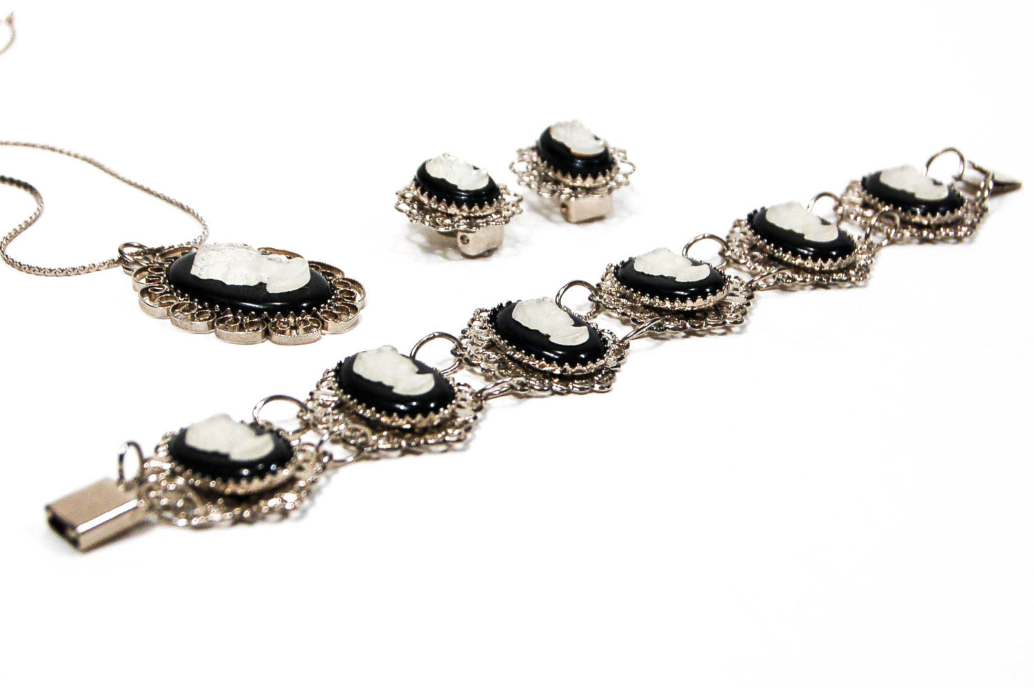 1950's Silver Tone Cameo Necklace,Bracelet, and Earrings Set by 1950's - Vintage Meet Modern Vintage Jewelry - Chicago, Illinois - #oldhollywoodglamour #vintagemeetmodern #designervintage #jewelrybox #antiquejewelry #vintagejewelry