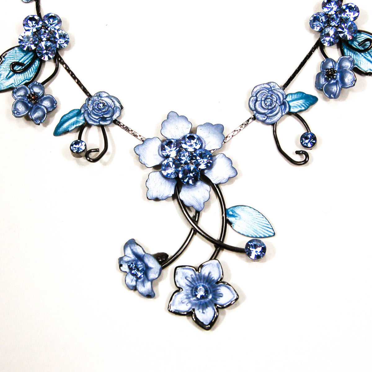 Floral Statement Necklace with Blue Rhinestones by Adrienne