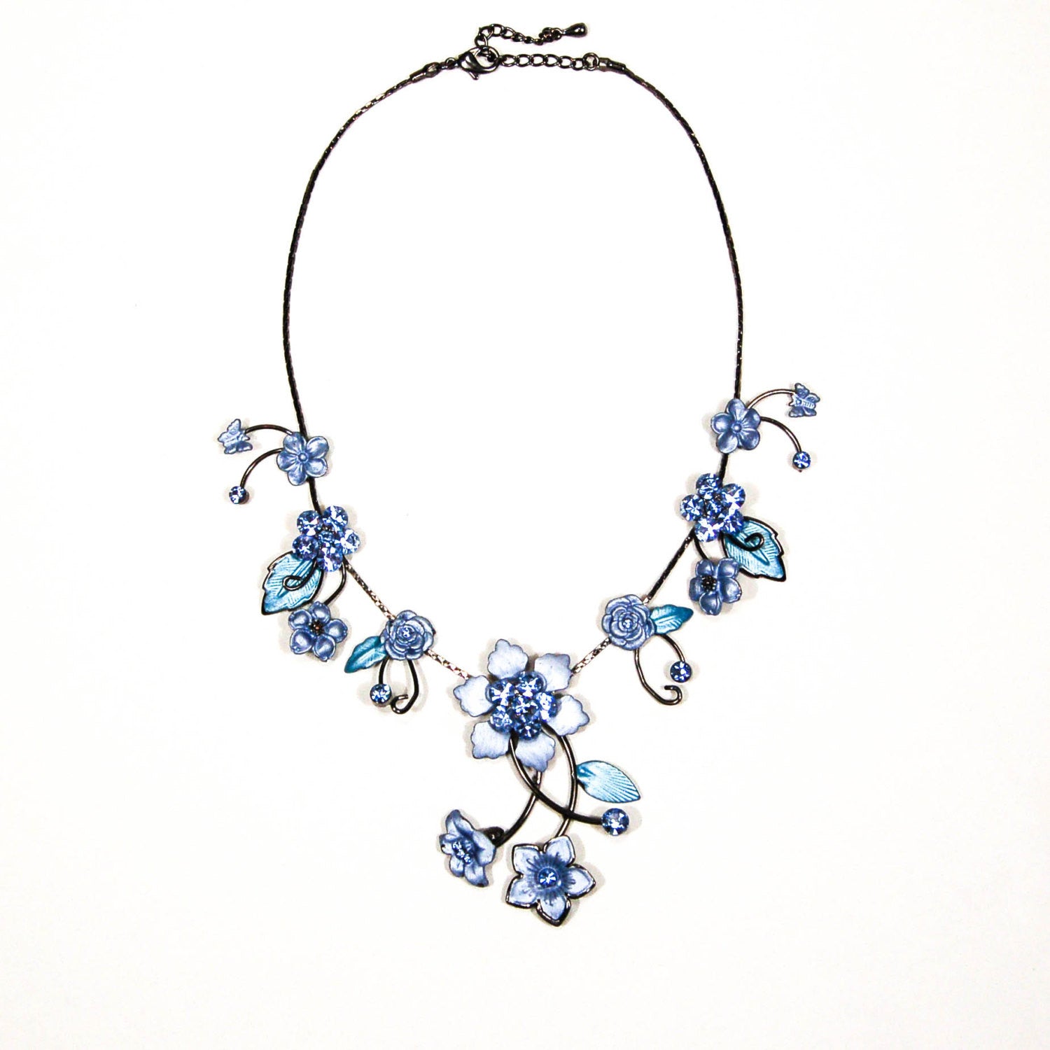 Floral Statement Necklace with Blue Rhinestones by Adrienne by Adrienne - Vintage Meet Modern Vintage Jewelry - Chicago, Illinois - #oldhollywoodglamour #vintagemeetmodern #designervintage #jewelrybox #antiquejewelry #vintagejewelry