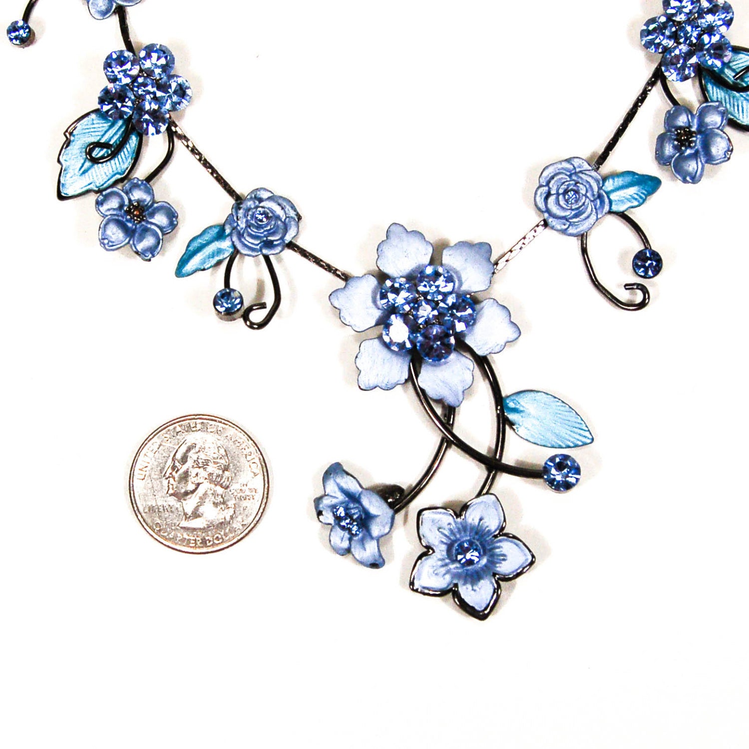 Floral Statement Necklace with Blue Rhinestones by Adrienne by Adrienne - Vintage Meet Modern Vintage Jewelry - Chicago, Illinois - #oldhollywoodglamour #vintagemeetmodern #designervintage #jewelrybox #antiquejewelry #vintagejewelry