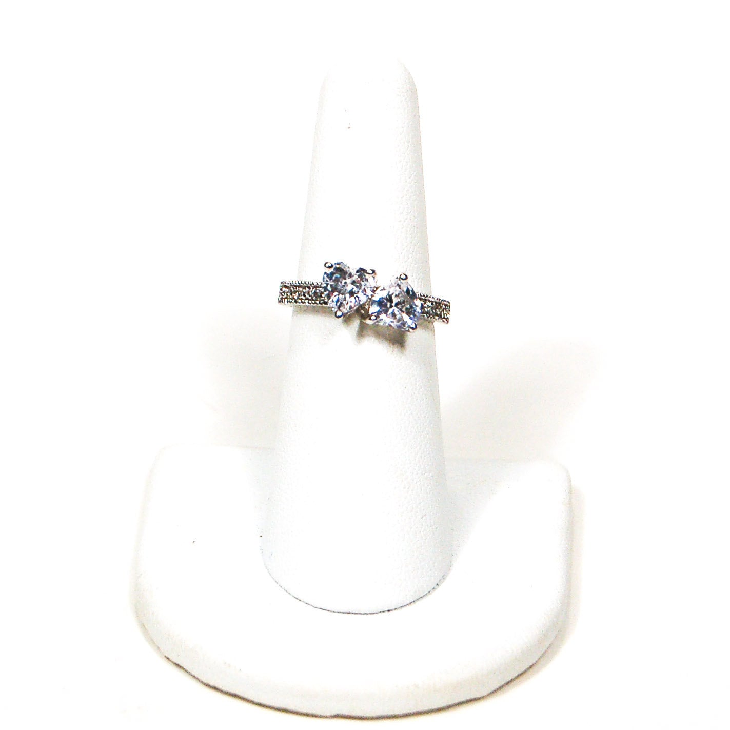 Silver Tone Engagement Ring with Cubic Zirconia Hearts by 1980s - Vintage Meet Modern Vintage Jewelry - Chicago, Illinois - #oldhollywoodglamour #vintagemeetmodern #designervintage #jewelrybox #antiquejewelry #vintagejewelry