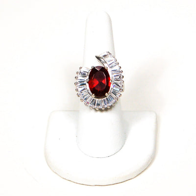 Silver Tone Statement Ring with Ruby and Baguette CZ by 1980s - Vintage Meet Modern Vintage Jewelry - Chicago, Illinois - #oldhollywoodglamour #vintagemeetmodern #designervintage #jewelrybox #antiquejewelry #vintagejewelry