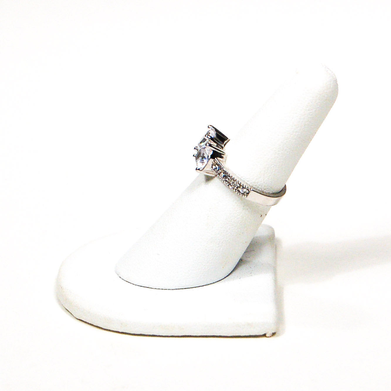 Silver Tone Engagement Ring with Cubic Zirconia Hearts by 1980s - Vintage Meet Modern Vintage Jewelry - Chicago, Illinois - #oldhollywoodglamour #vintagemeetmodern #designervintage #jewelrybox #antiquejewelry #vintagejewelry