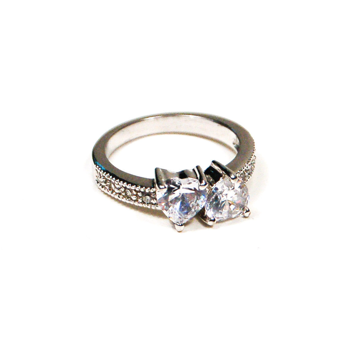 Silver Tone Engagement Ring with Cubic Zirconia Hearts