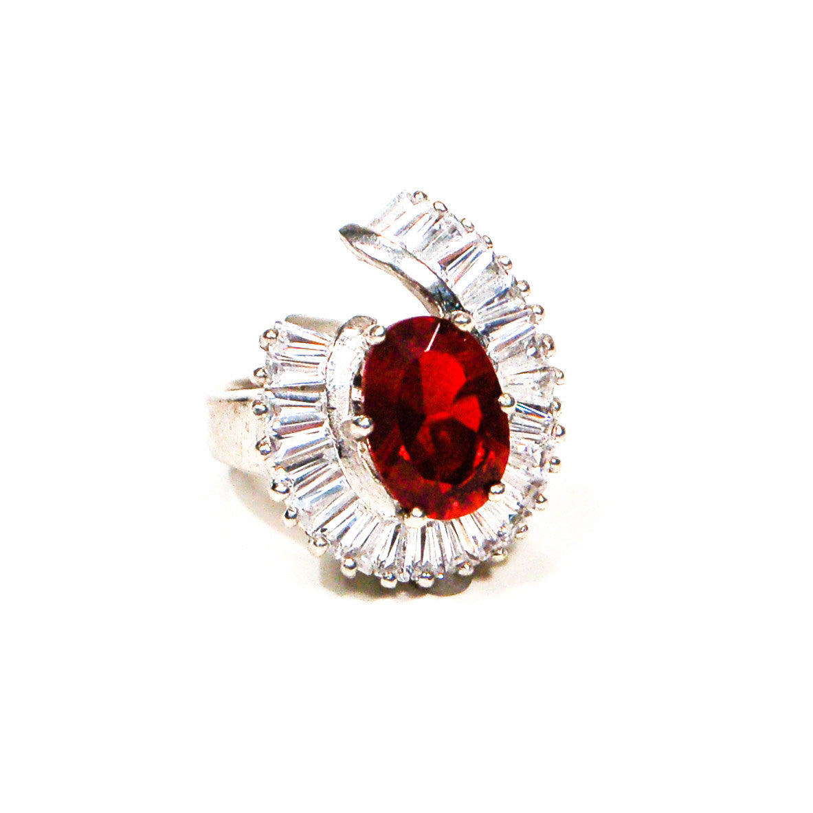 Silver Tone Statement Ring with Ruby and Baguette CZ by 1980s - Vintage Meet Modern Vintage Jewelry - Chicago, Illinois - #oldhollywoodglamour #vintagemeetmodern #designervintage #jewelrybox #antiquejewelry #vintagejewelry