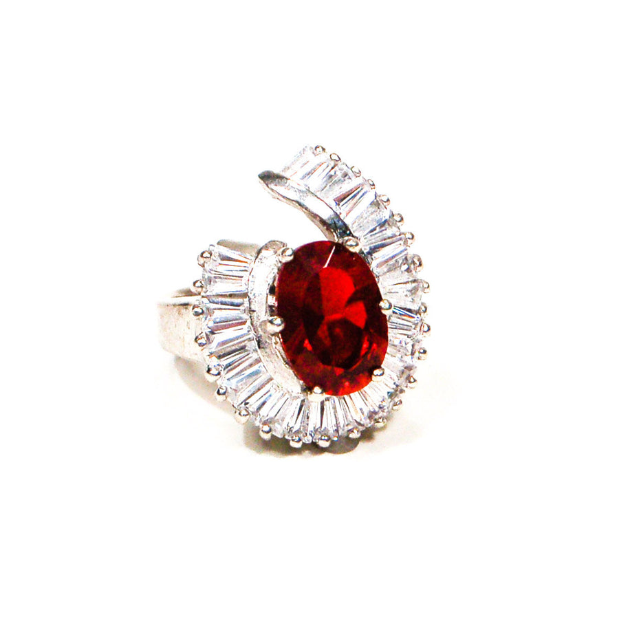 Silver Tone Statement Ring with Ruby and Baguette CZ by 1980s - Vintage Meet Modern Vintage Jewelry - Chicago, Illinois - #oldhollywoodglamour #vintagemeetmodern #designervintage #jewelrybox #antiquejewelry #vintagejewelry