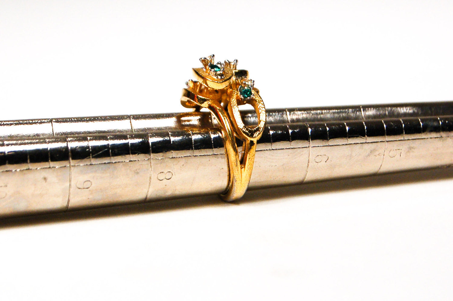 1950's Geometric Emerald Green and Rhinestone Ring by 1950's - Vintage Meet Modern Vintage Jewelry - Chicago, Illinois - #oldhollywoodglamour #vintagemeetmodern #designervintage #jewelrybox #antiquejewelry #vintagejewelry