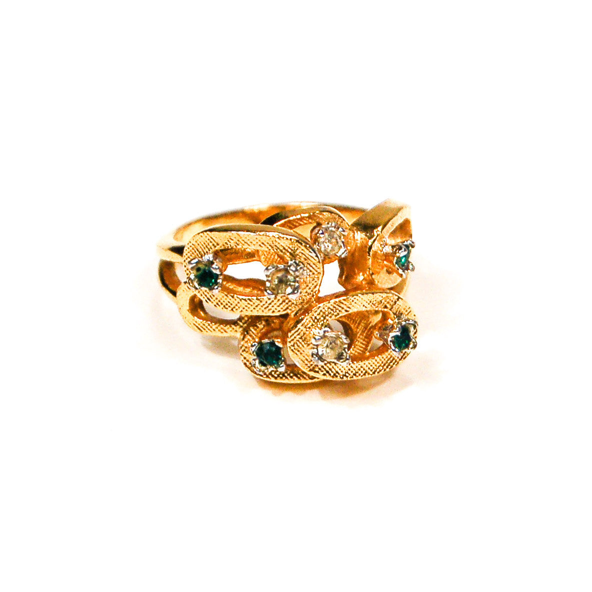 1950's Geometric Emerald Green and Rhinestone Ring by 1950's - Vintage Meet Modern Vintage Jewelry - Chicago, Illinois - #oldhollywoodglamour #vintagemeetmodern #designervintage #jewelrybox #antiquejewelry #vintagejewelry