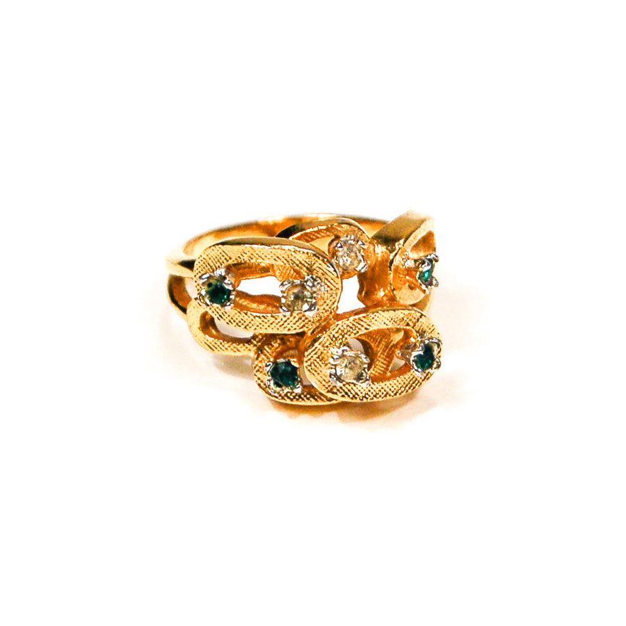 1950's Geometric Emerald Green and Rhinestone Ring by 1950's - Vintage Meet Modern Vintage Jewelry - Chicago, Illinois - #oldhollywoodglamour #vintagemeetmodern #designervintage #jewelrybox #antiquejewelry #vintagejewelry