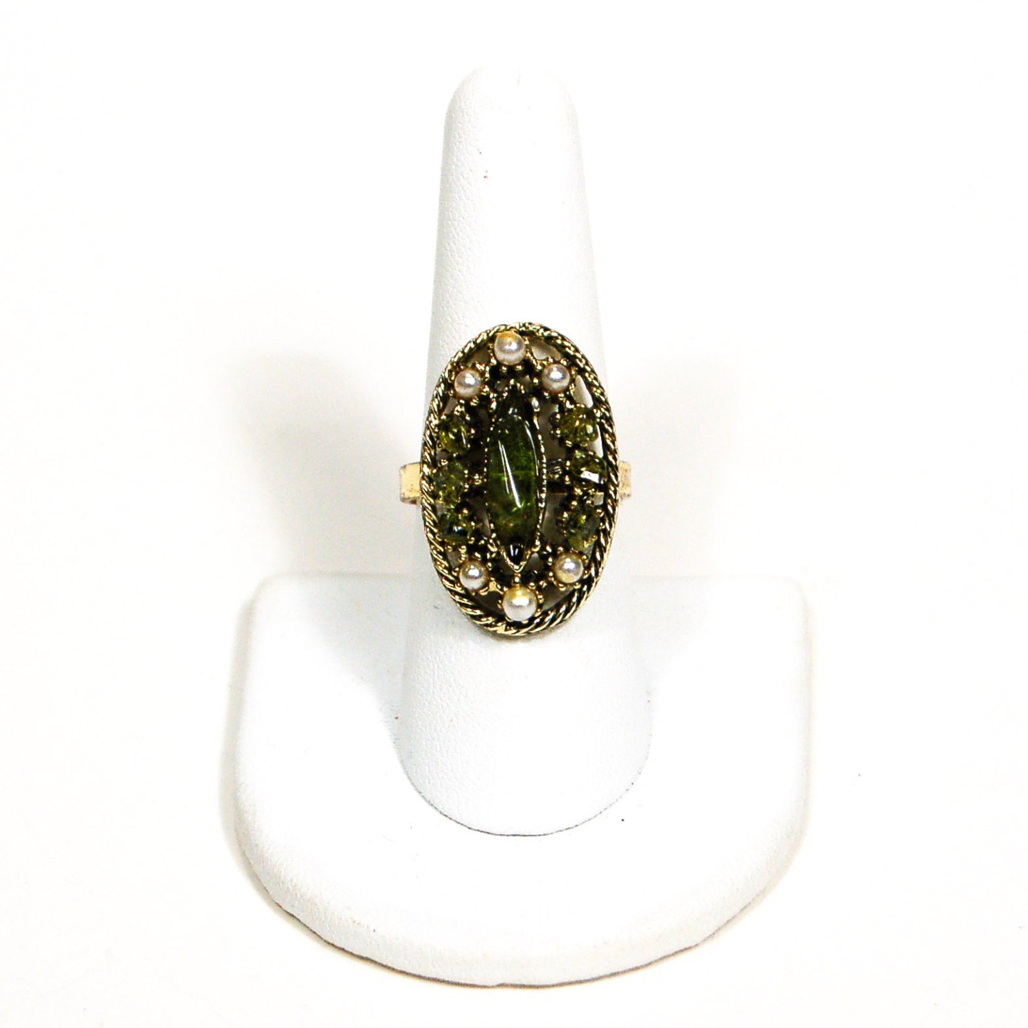 1960's Pearl and Green Crystal Statement Ring by 1960s Vintage - Vintage Meet Modern Vintage Jewelry - Chicago, Illinois - #oldhollywoodglamour #vintagemeetmodern #designervintage #jewelrybox #antiquejewelry #vintagejewelry