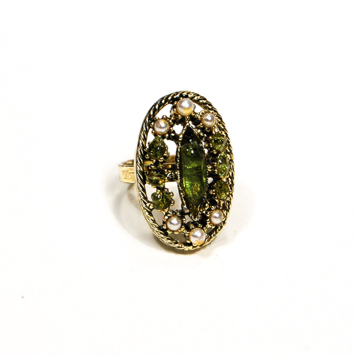 1960's Pearl and Green Crystal Statement Ring