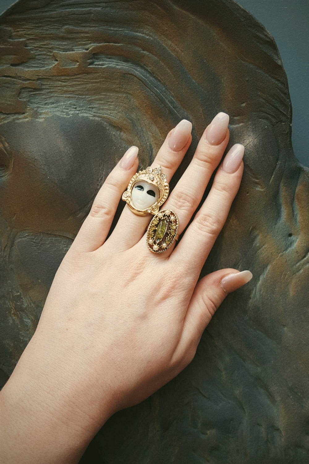 1960's Pearl and Green Crystal Statement Ring by 1960s Vintage - Vintage Meet Modern Vintage Jewelry - Chicago, Illinois - #oldhollywoodglamour #vintagemeetmodern #designervintage #jewelrybox #antiquejewelry #vintagejewelry