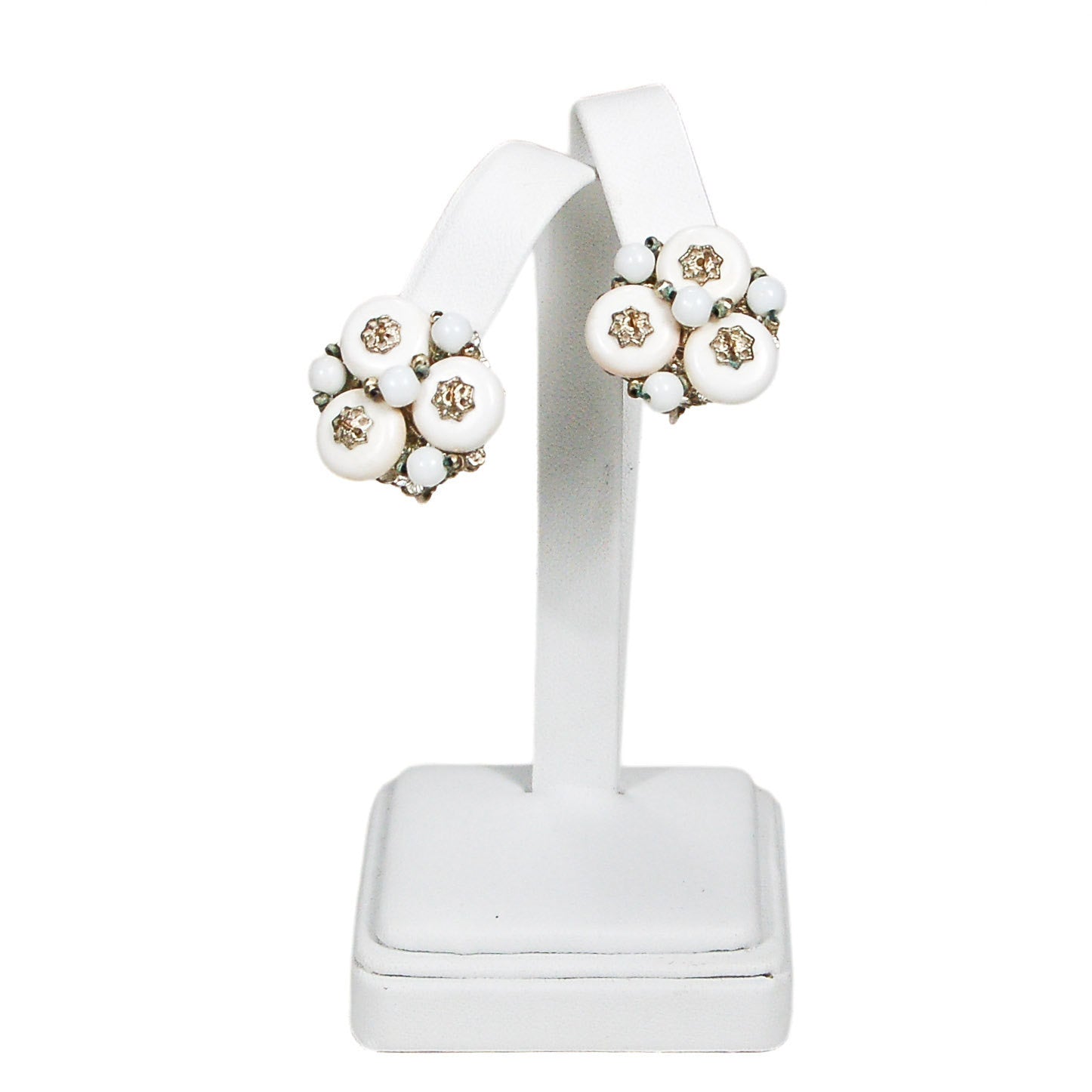 Miriam Haskell White Milk Glass and Silver Filigree Earrings by Miriam Haskell - Vintage Meet Modern Vintage Jewelry - Chicago, Illinois - #oldhollywoodglamour #vintagemeetmodern #designervintage #jewelrybox #antiquejewelry #vintagejewelry