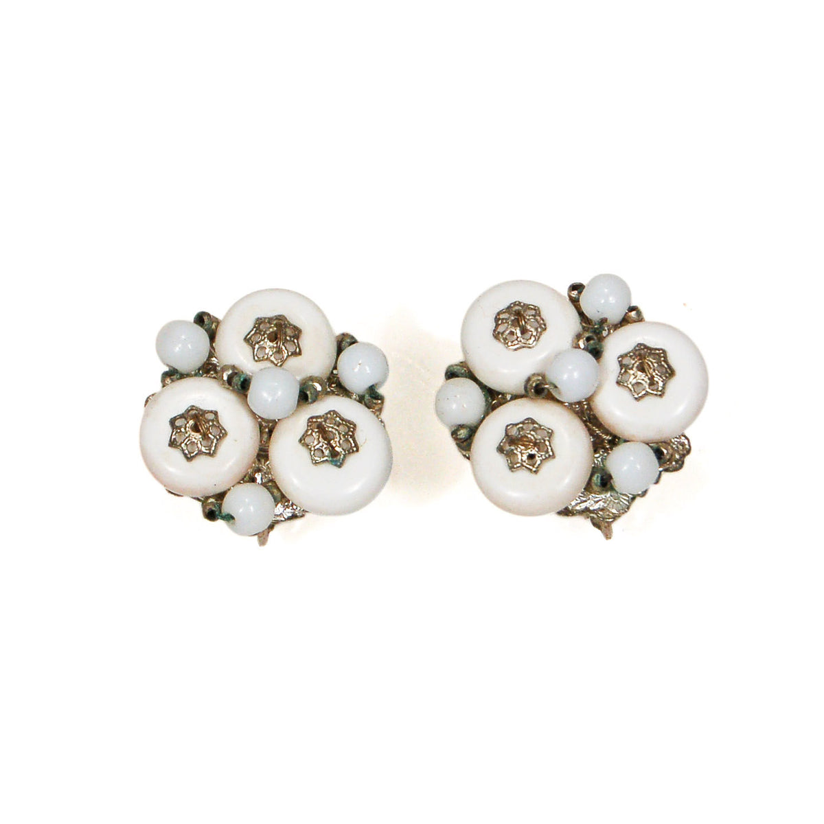 Miriam Haskell White Milk Glass and Silver Filigree Earrings