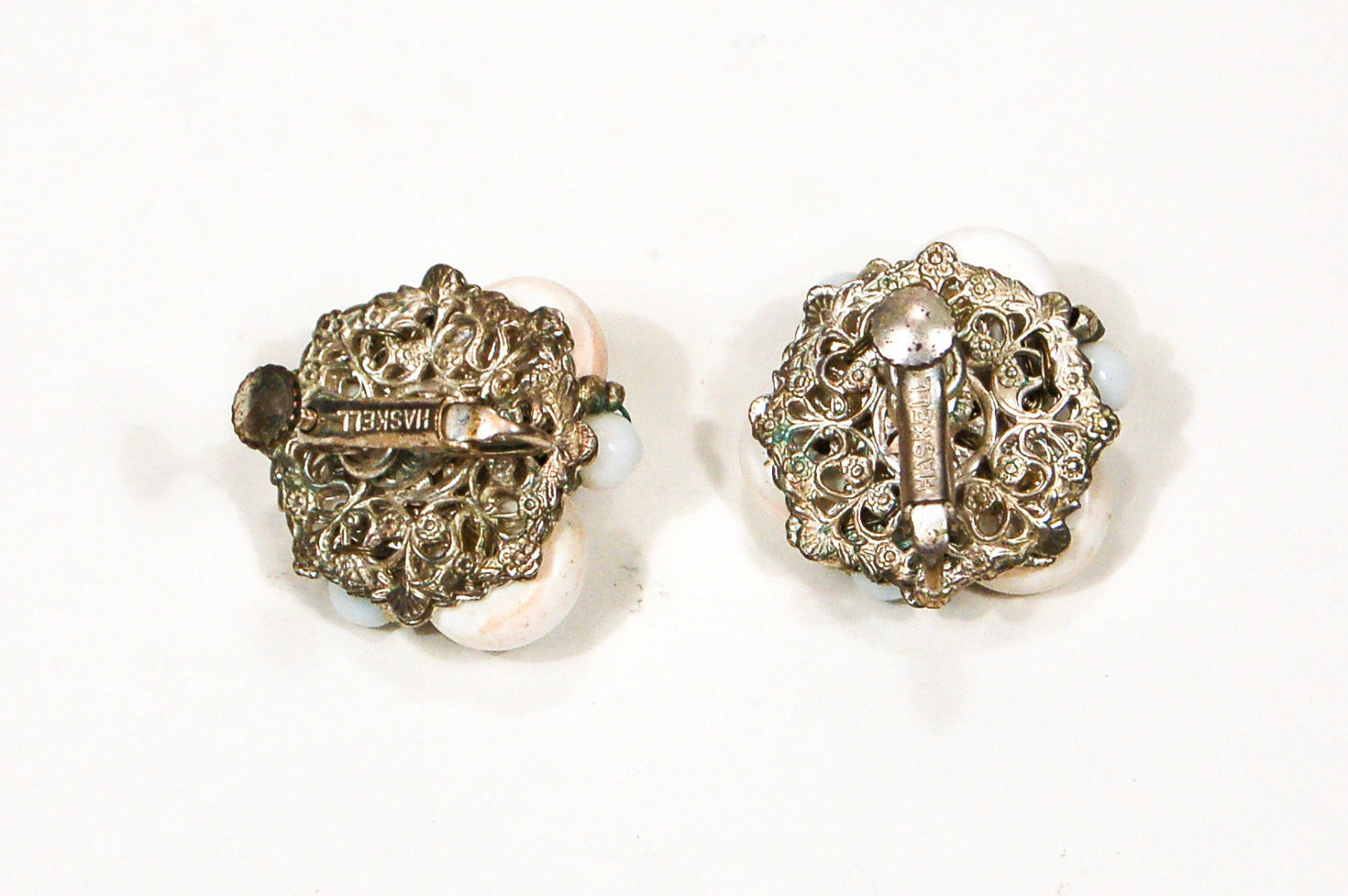 Miriam Haskell White Milk Glass and Silver Filigree Earrings by Miriam Haskell - Vintage Meet Modern Vintage Jewelry - Chicago, Illinois - #oldhollywoodglamour #vintagemeetmodern #designervintage #jewelrybox #antiquejewelry #vintagejewelry