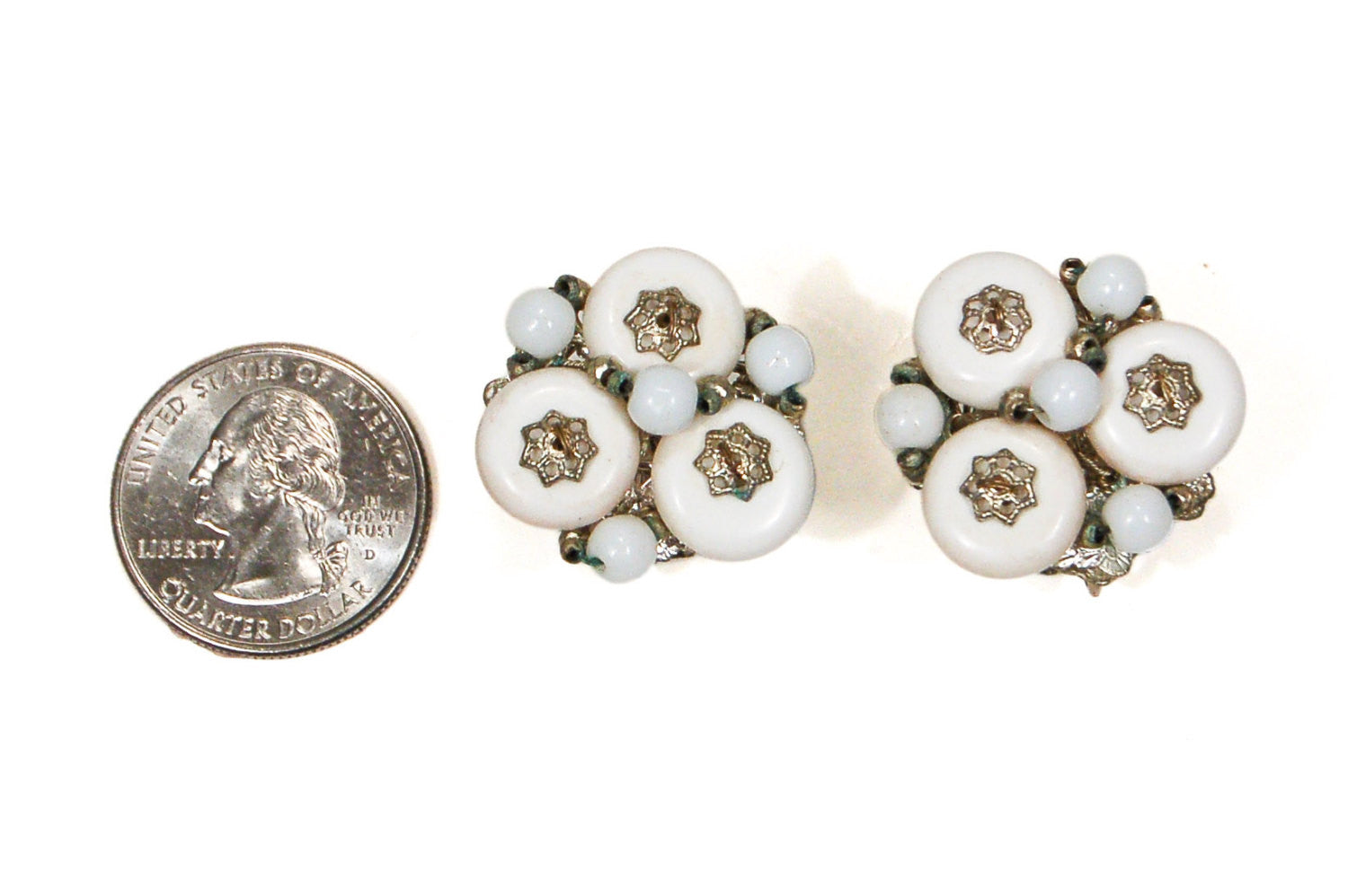 Miriam Haskell White Milk Glass and Silver Filigree Earrings by Miriam Haskell - Vintage Meet Modern Vintage Jewelry - Chicago, Illinois - #oldhollywoodglamour #vintagemeetmodern #designervintage #jewelrybox #antiquejewelry #vintagejewelry