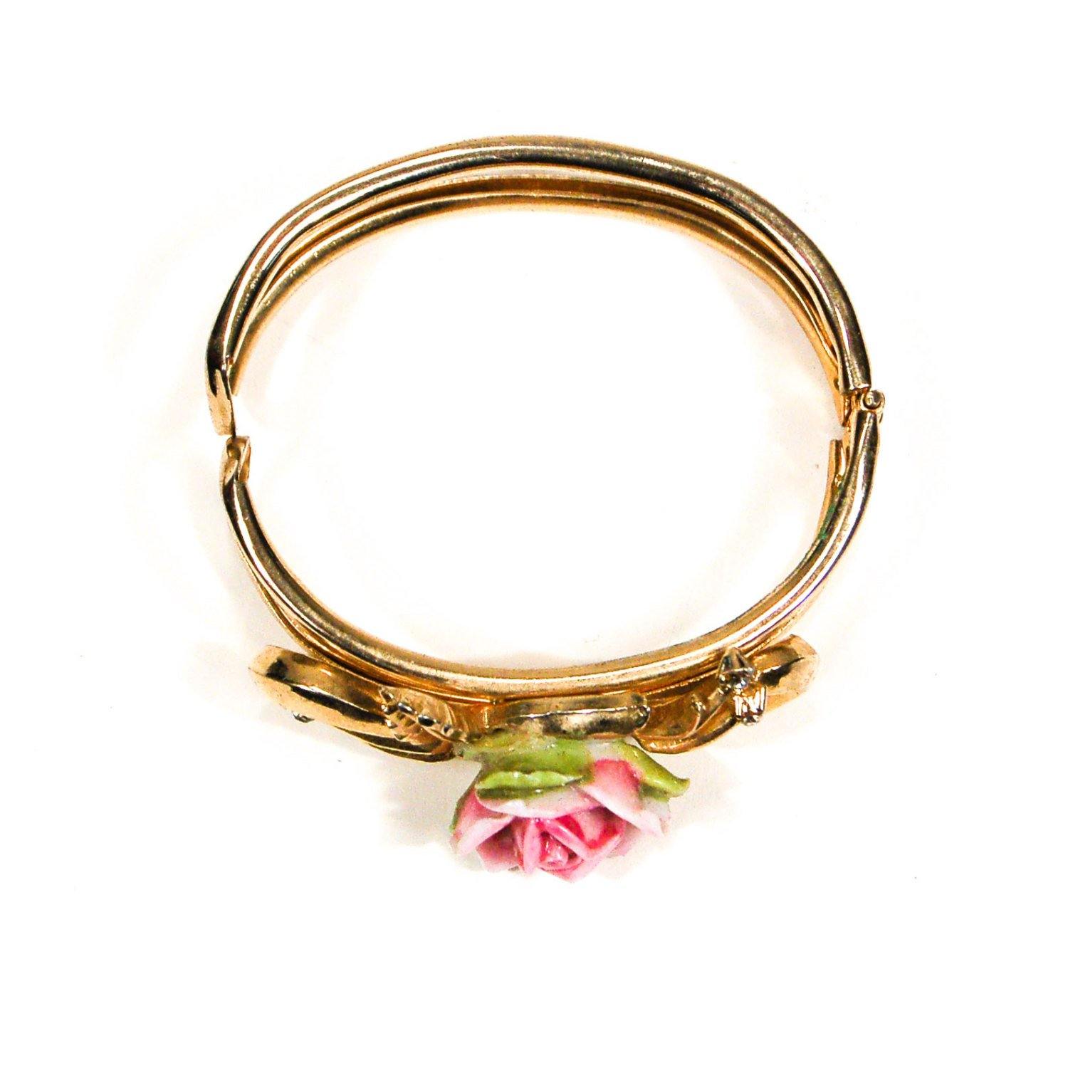 Coro Pink Rose and Rhinestone Bracelet by Coro - Vintage Meet Modern Vintage Jewelry - Chicago, Illinois - #oldhollywoodglamour #vintagemeetmodern #designervintage #jewelrybox #antiquejewelry #vintagejewelry