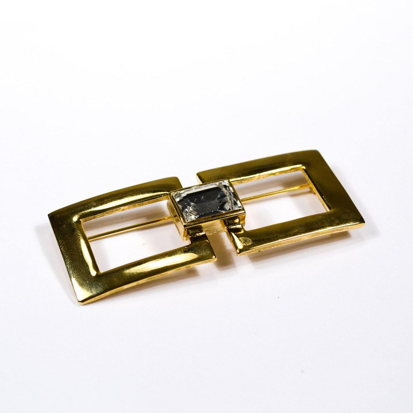 Art Deco Inspired Gold and Rhinestone Brooch, Geometric, 1980s, Designer Jewelry