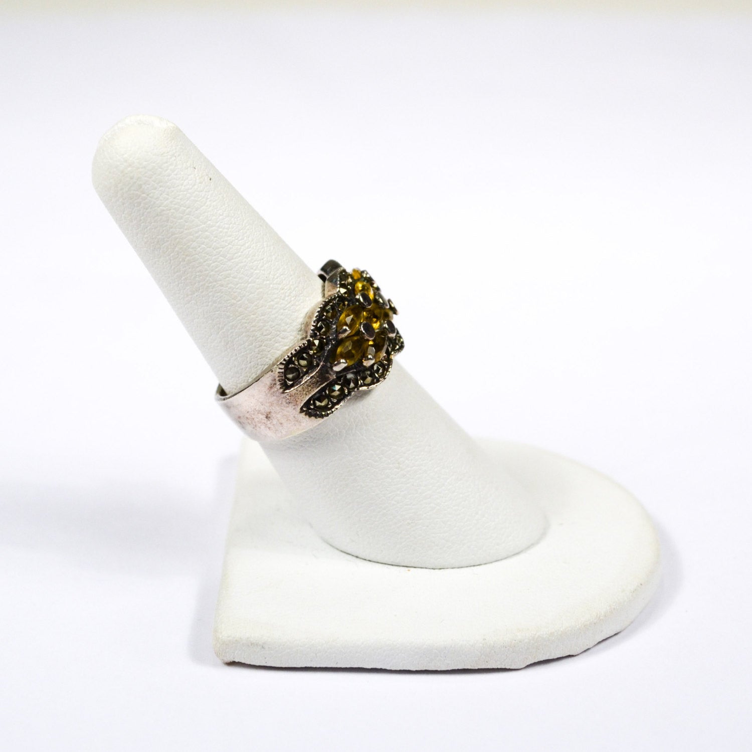 Art Deco Inspired Yellow Citrine and Marcasite Ring set in Sterling Silver by Sterling Silver - Vintage Meet Modern Vintage Jewelry - Chicago, Illinois - #oldhollywoodglamour #vintagemeetmodern #designervintage #jewelrybox #antiquejewelry #vintagejewelry