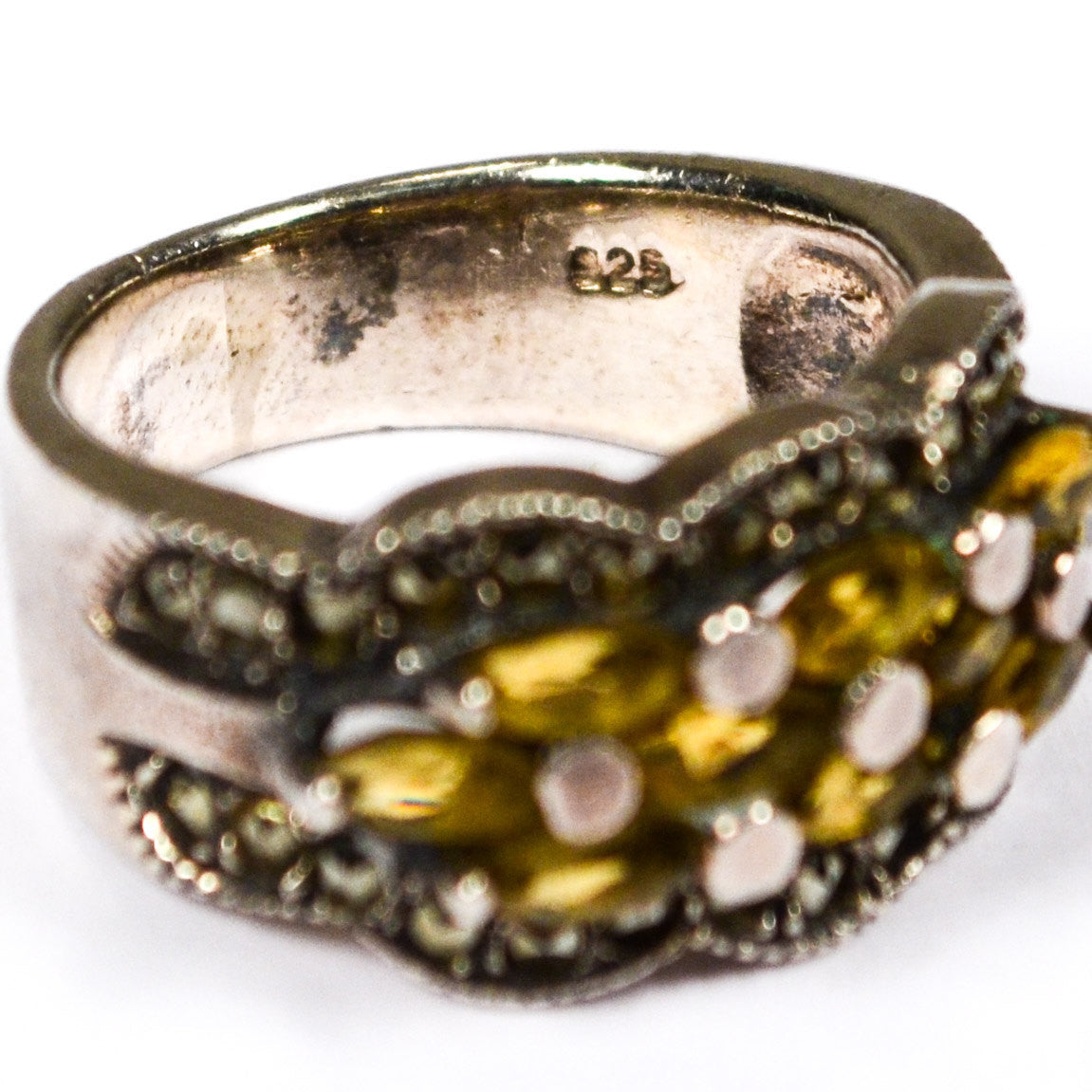 Art Deco Inspired Yellow Citrine and Marcasite Ring set in Sterling Silver by Sterling Silver - Vintage Meet Modern Vintage Jewelry - Chicago, Illinois - #oldhollywoodglamour #vintagemeetmodern #designervintage #jewelrybox #antiquejewelry #vintagejewelry