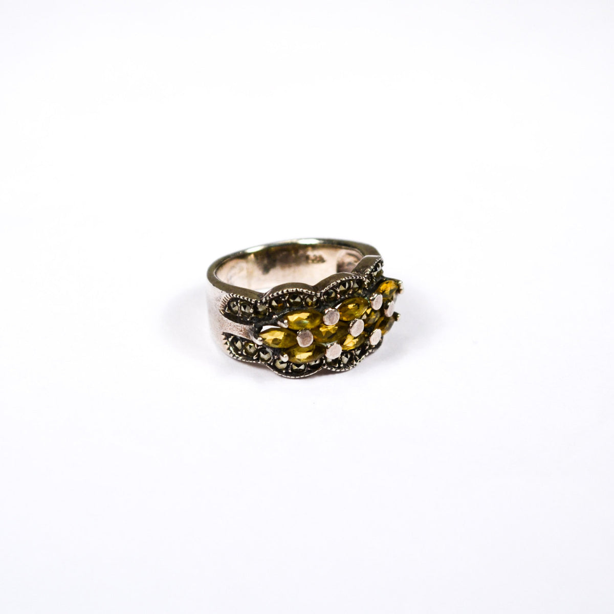 Art Deco Inspired Yellow Citrine and Marcasite Ring set in Sterling Silver