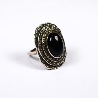 Art Deco Onyx and Marcasite Ring set in Sterling Silver by Sterling Silver - Vintage Meet Modern Vintage Jewelry - Chicago, Illinois - #oldhollywoodglamour #vintagemeetmodern #designervintage #jewelrybox #antiquejewelry #vintagejewelry
