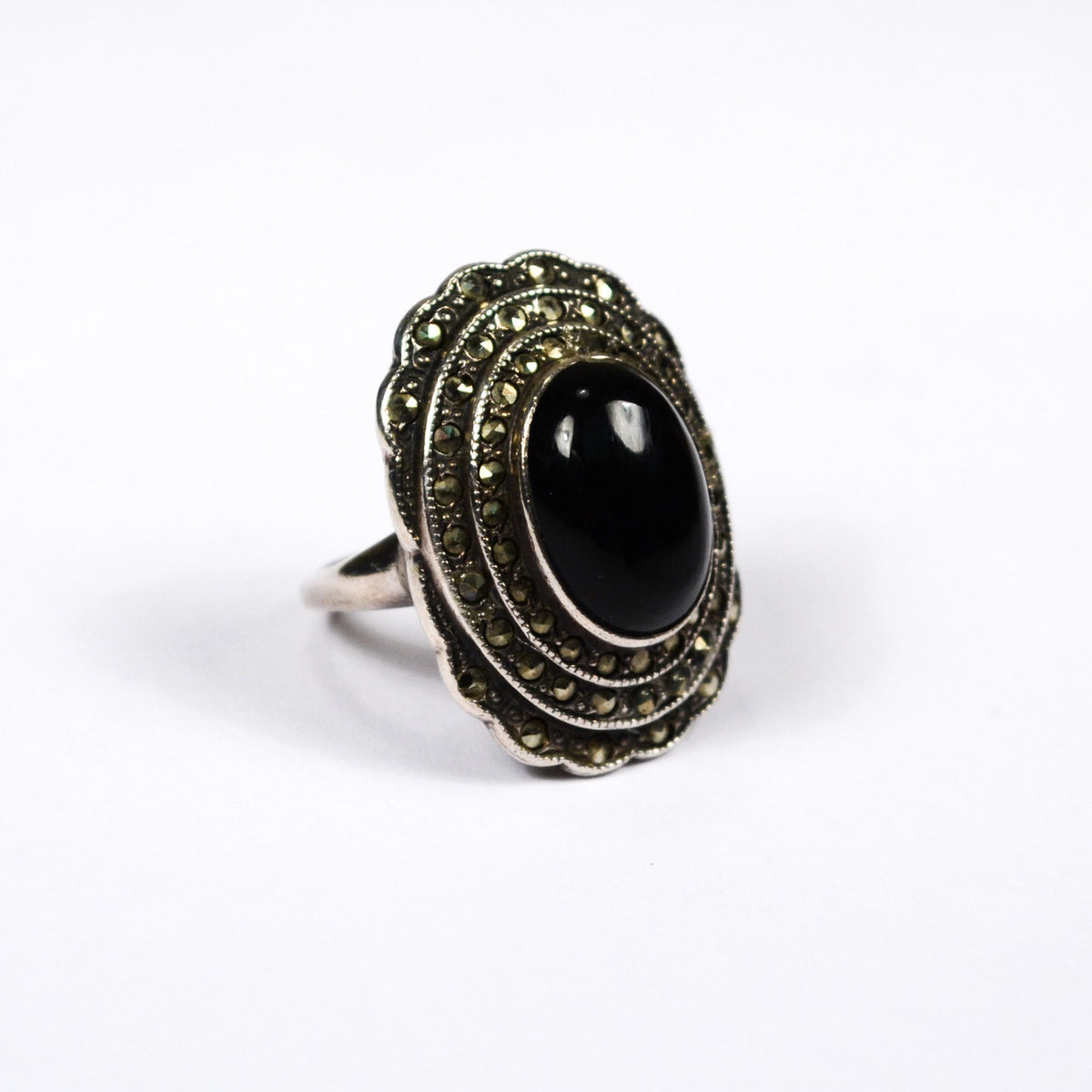 Art Deco Onyx and Marcasite Ring set in Sterling Silver