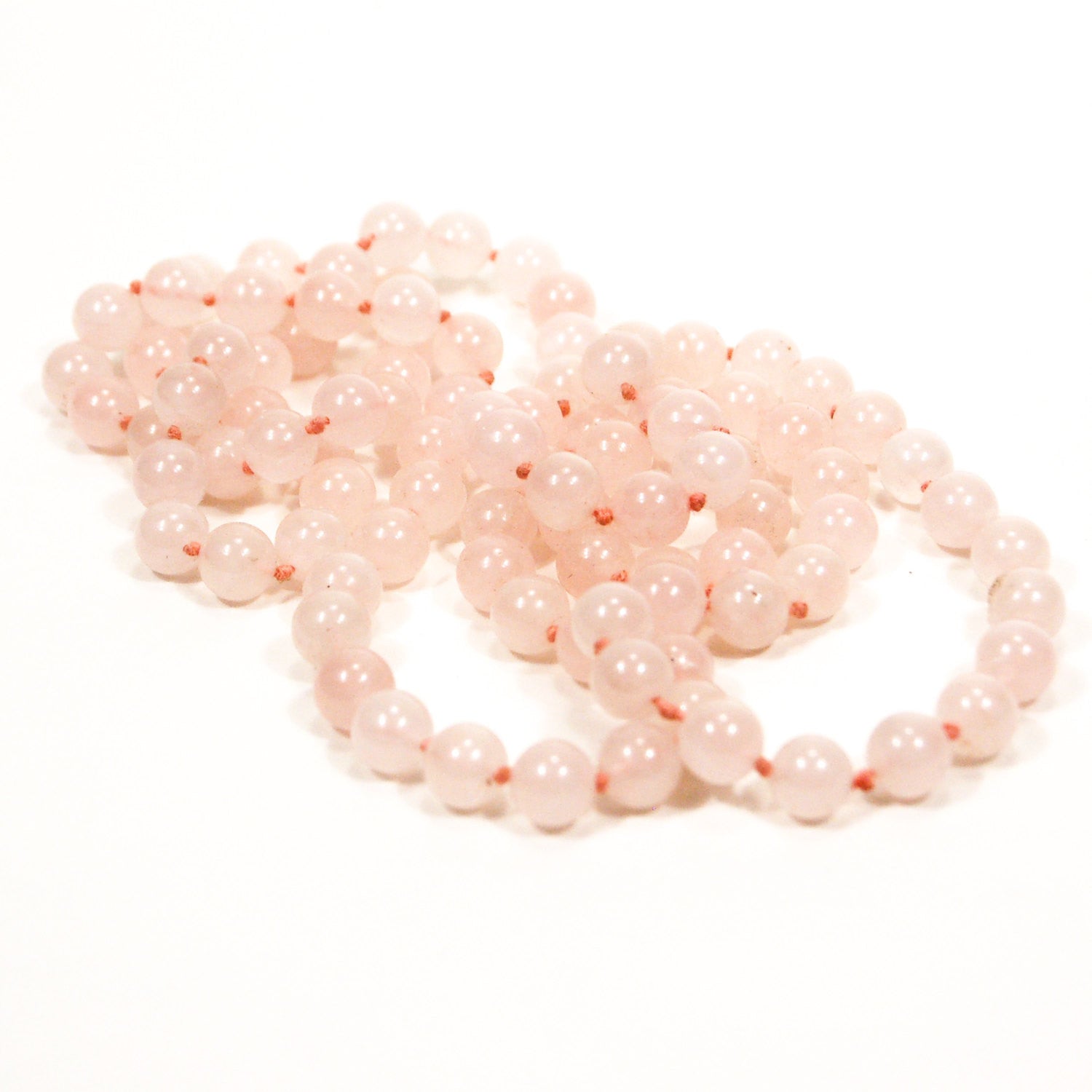 Rose Quartz Beaded Necklace, Polished, Hand Knotted, Strung on Silk, Infinity Strand by Unsigned Beauty - Vintage Meet Modern Vintage Jewelry - Chicago, Illinois - #oldhollywoodglamour #vintagemeetmodern #designervintage #jewelrybox #antiquejewelry #vintagejewelry