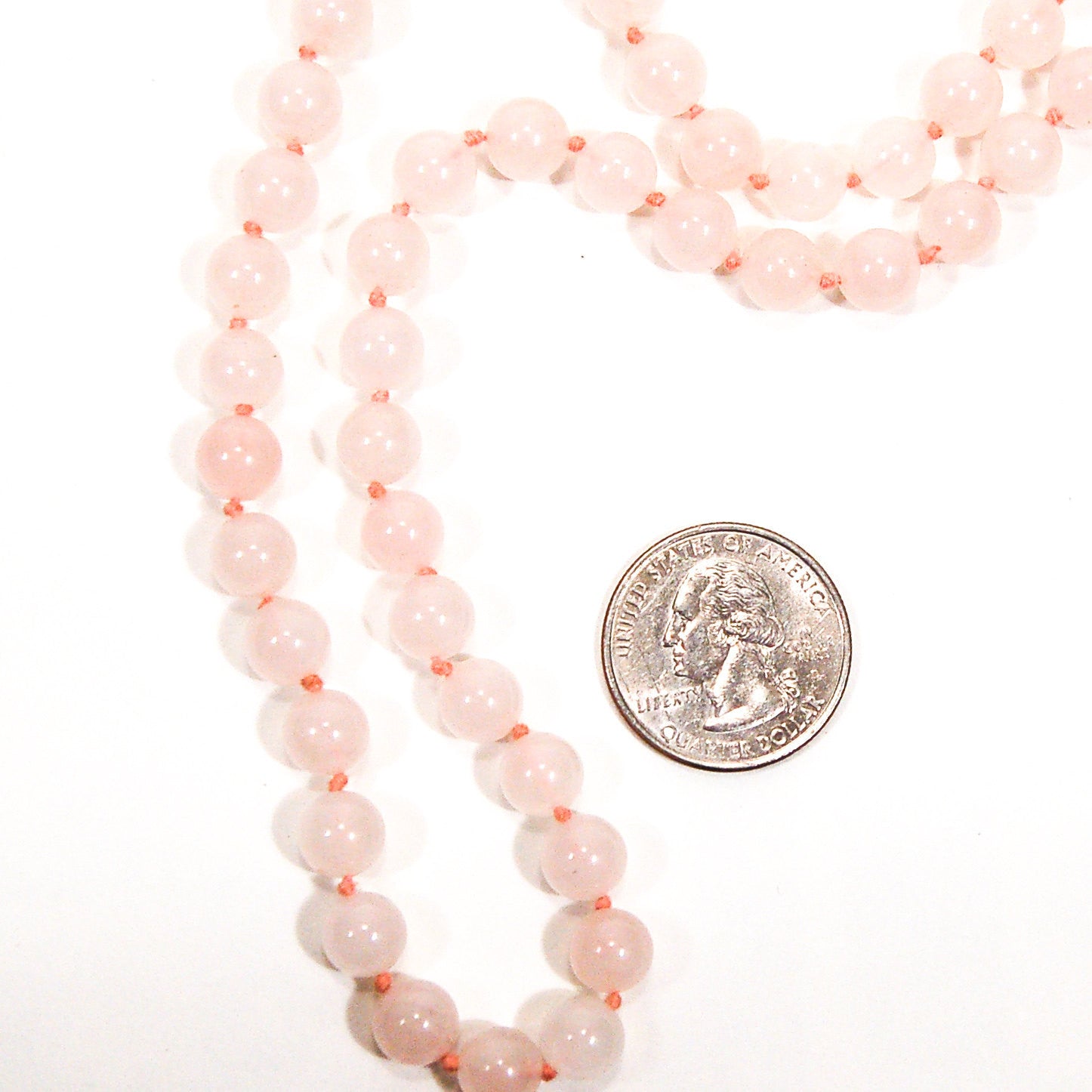 Rose Quartz Beaded Necklace, Polished, Hand Knotted, Strung on Silk, Infinity Strand by Unsigned Beauty - Vintage Meet Modern Vintage Jewelry - Chicago, Illinois - #oldhollywoodglamour #vintagemeetmodern #designervintage #jewelrybox #antiquejewelry #vintagejewelry