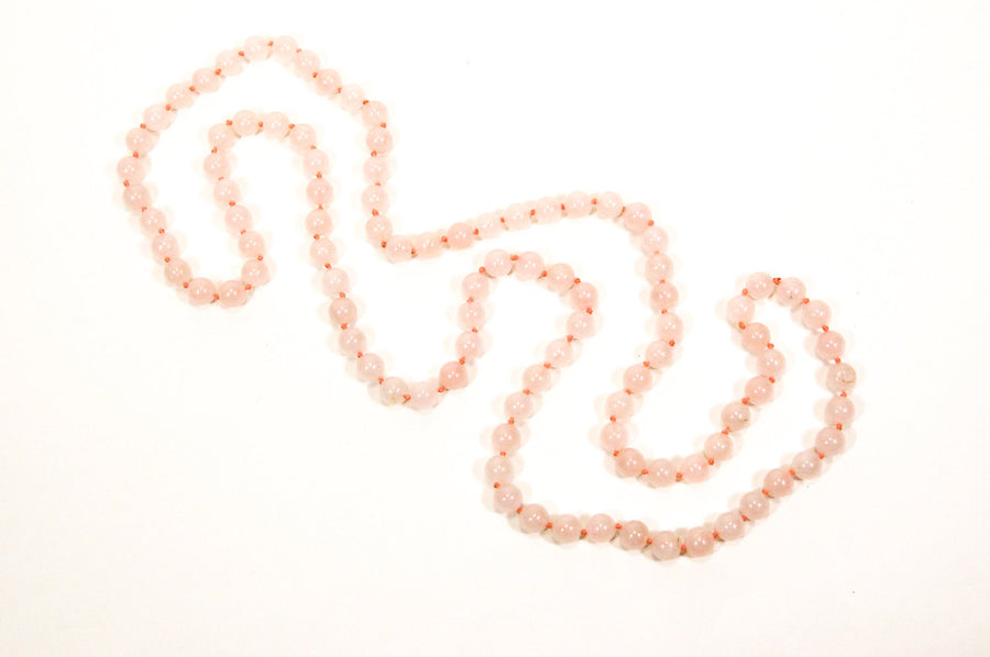 Rose Quartz Beaded Necklace, Polished, Hand Knotted, Strung on Silk, Infinity Strand by Unsigned Beauty - Vintage Meet Modern Vintage Jewelry - Chicago, Illinois - #oldhollywoodglamour #vintagemeetmodern #designervintage #jewelrybox #antiquejewelry #vintagejewelry