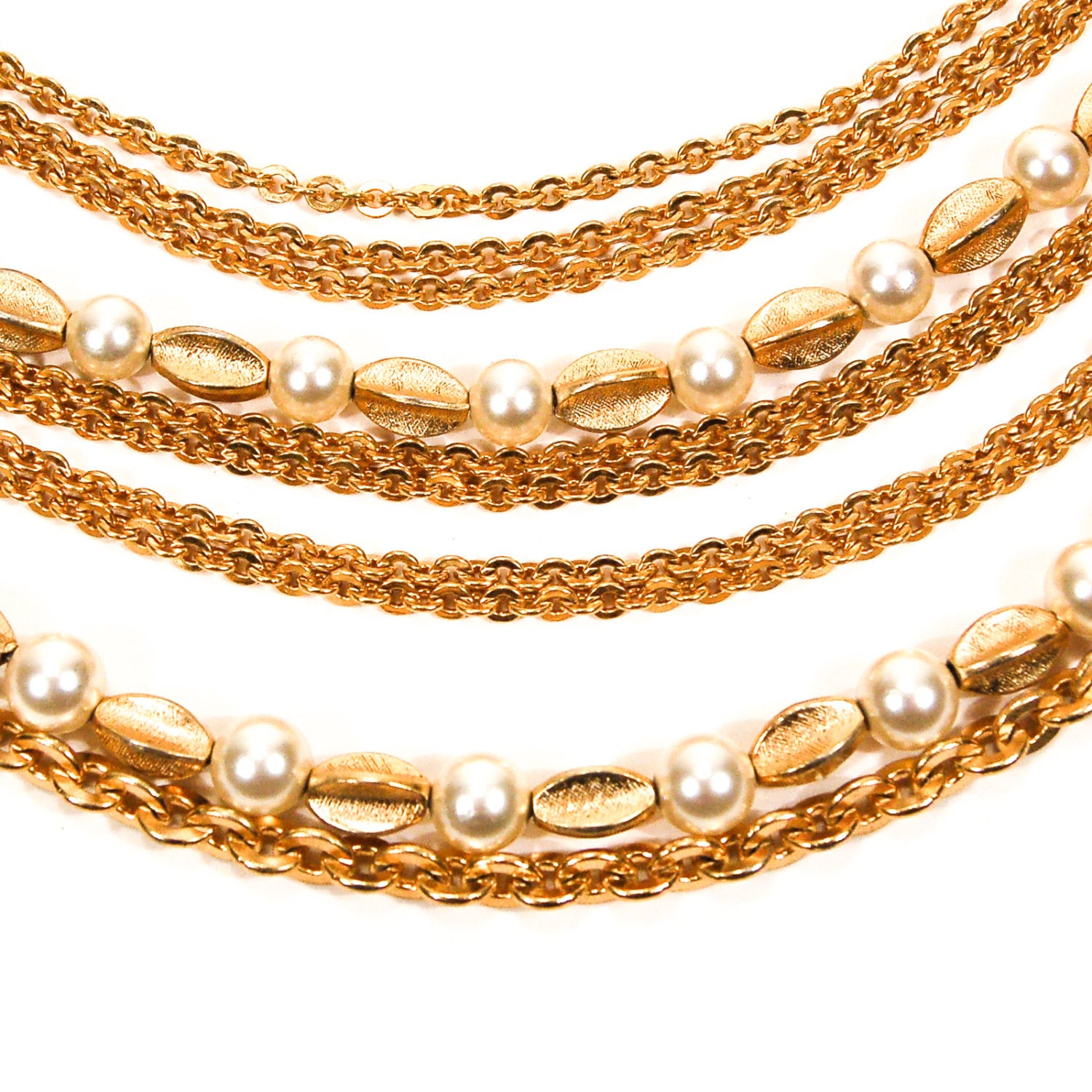 Multi Strand Pearl and Gold Chain Necklace by Crown Trifari by Crown Trifari - Vintage Meet Modern Vintage Jewelry - Chicago, Illinois - #oldhollywoodglamour #vintagemeetmodern #designervintage #jewelrybox #antiquejewelry #vintagejewelry