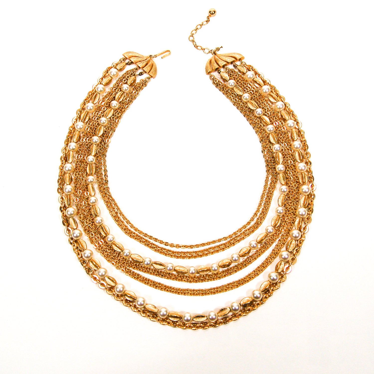 Multi Strand Pearl and Gold Chain Necklace by Crown Trifari by Crown Trifari - Vintage Meet Modern Vintage Jewelry - Chicago, Illinois - #oldhollywoodglamour #vintagemeetmodern #designervintage #jewelrybox #antiquejewelry #vintagejewelry