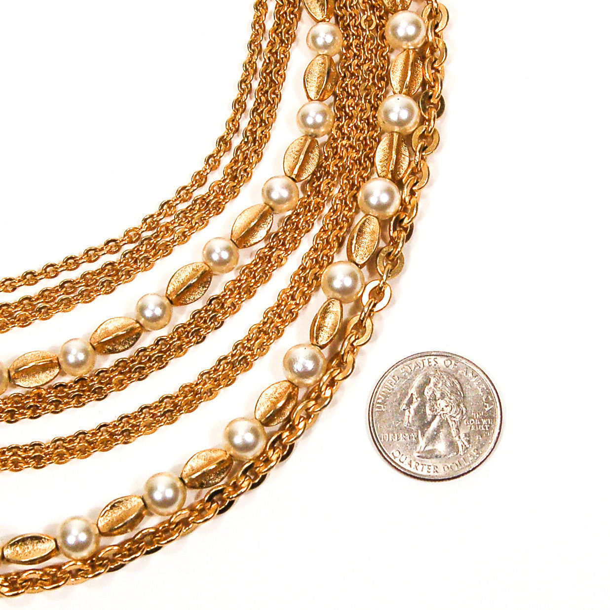 Multi Strand Pearl and Gold Chain Necklace by Crown Trifari by Crown Trifari - Vintage Meet Modern Vintage Jewelry - Chicago, Illinois - #oldhollywoodglamour #vintagemeetmodern #designervintage #jewelrybox #antiquejewelry #vintagejewelry