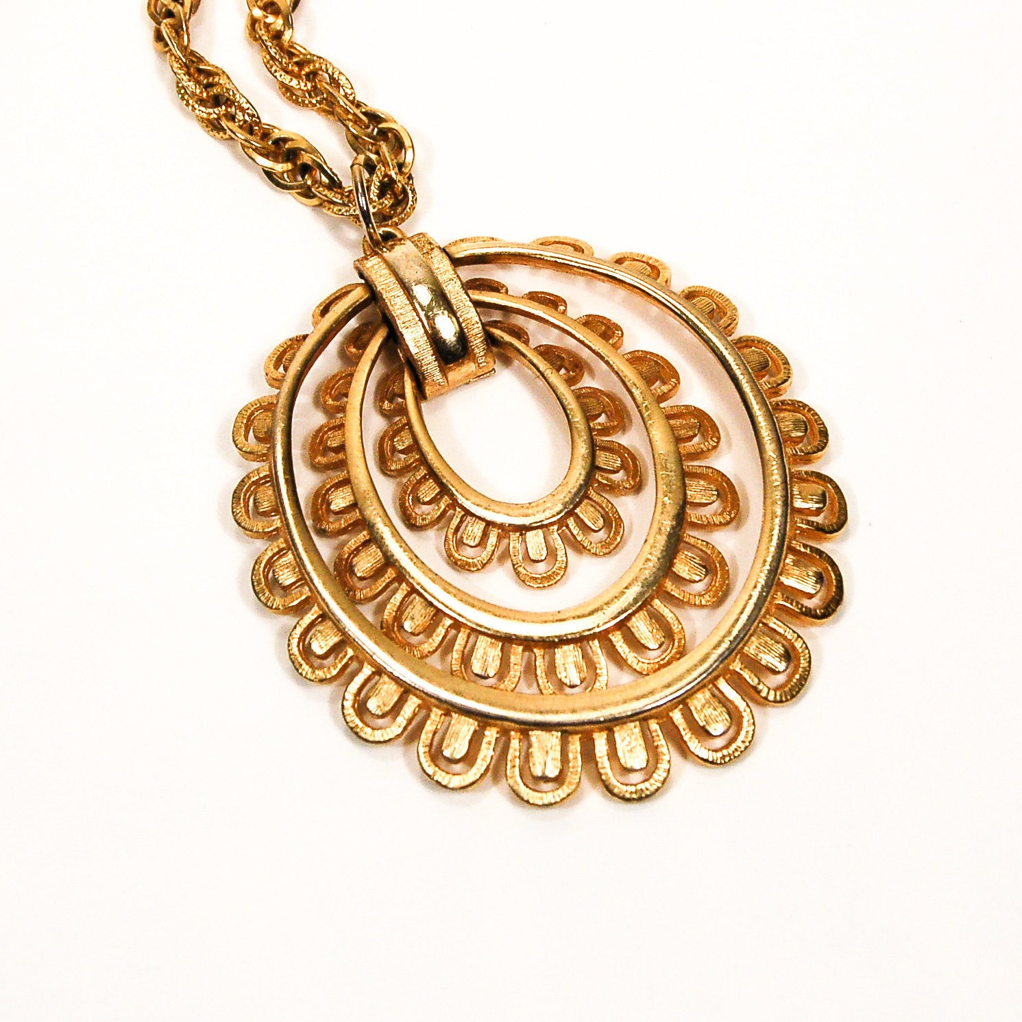 Gold Scalloped Medallion Statement Necklace by Unsigned Beauty - Vintage Meet Modern Vintage Jewelry - Chicago, Illinois - #oldhollywoodglamour #vintagemeetmodern #designervintage #jewelrybox #antiquejewelry #vintagejewelry