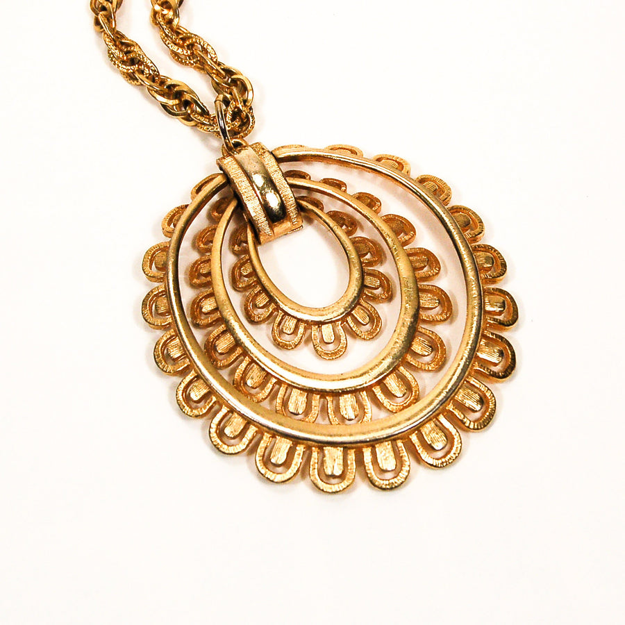 Gold Scalloped Medallion Statement Necklace by Unsigned Beauty - Vintage Meet Modern Vintage Jewelry - Chicago, Illinois - #oldhollywoodglamour #vintagemeetmodern #designervintage #jewelrybox #antiquejewelry #vintagejewelry