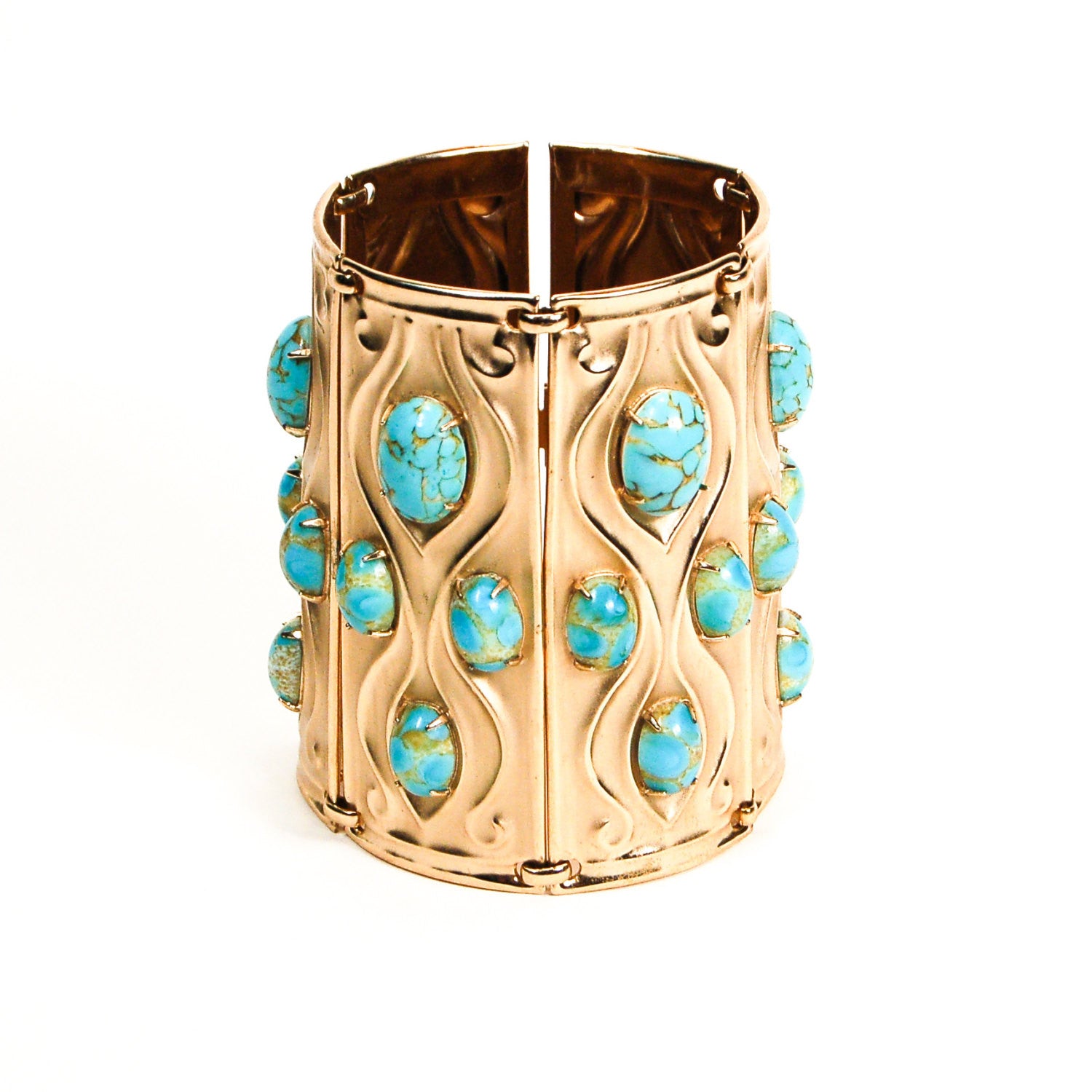 Rare Napier Repousse Cuff Bracelet, Gold Tone with Faux Turquoise Cabochons by Napier - Vintage Meet Modern Vintage Jewelry - Chicago, Illinois - #oldhollywoodglamour #vintagemeetmodern #designervintage #jewelrybox #antiquejewelry #vintagejewelry