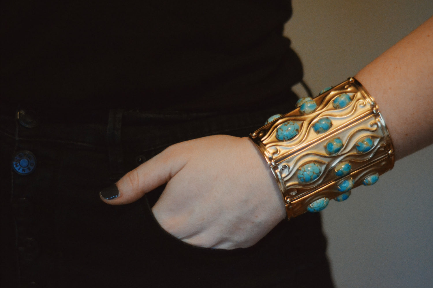 Rare Napier Repousse Cuff Bracelet, Gold Tone with Faux Turquoise Cabochons by Napier - Vintage Meet Modern Vintage Jewelry - Chicago, Illinois - #oldhollywoodglamour #vintagemeetmodern #designervintage #jewelrybox #antiquejewelry #vintagejewelry