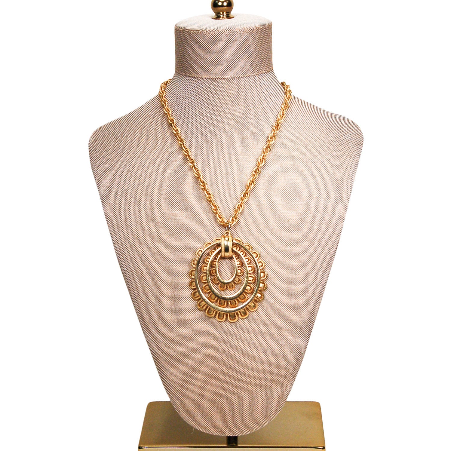 Gold Scalloped Medallion Statement Necklace by Unsigned Beauty - Vintage Meet Modern Vintage Jewelry - Chicago, Illinois - #oldhollywoodglamour #vintagemeetmodern #designervintage #jewelrybox #antiquejewelry #vintagejewelry