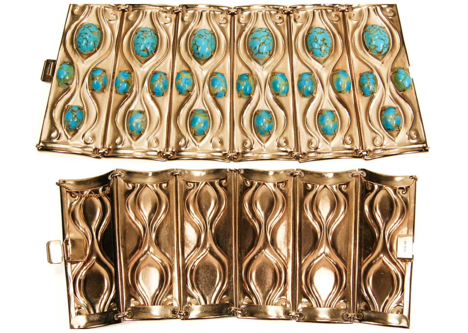 Rare Napier Repousse Cuff Bracelet, Gold Tone with Faux Turquoise Cabochons by Napier - Vintage Meet Modern Vintage Jewelry - Chicago, Illinois - #oldhollywoodglamour #vintagemeetmodern #designervintage #jewelrybox #antiquejewelry #vintagejewelry